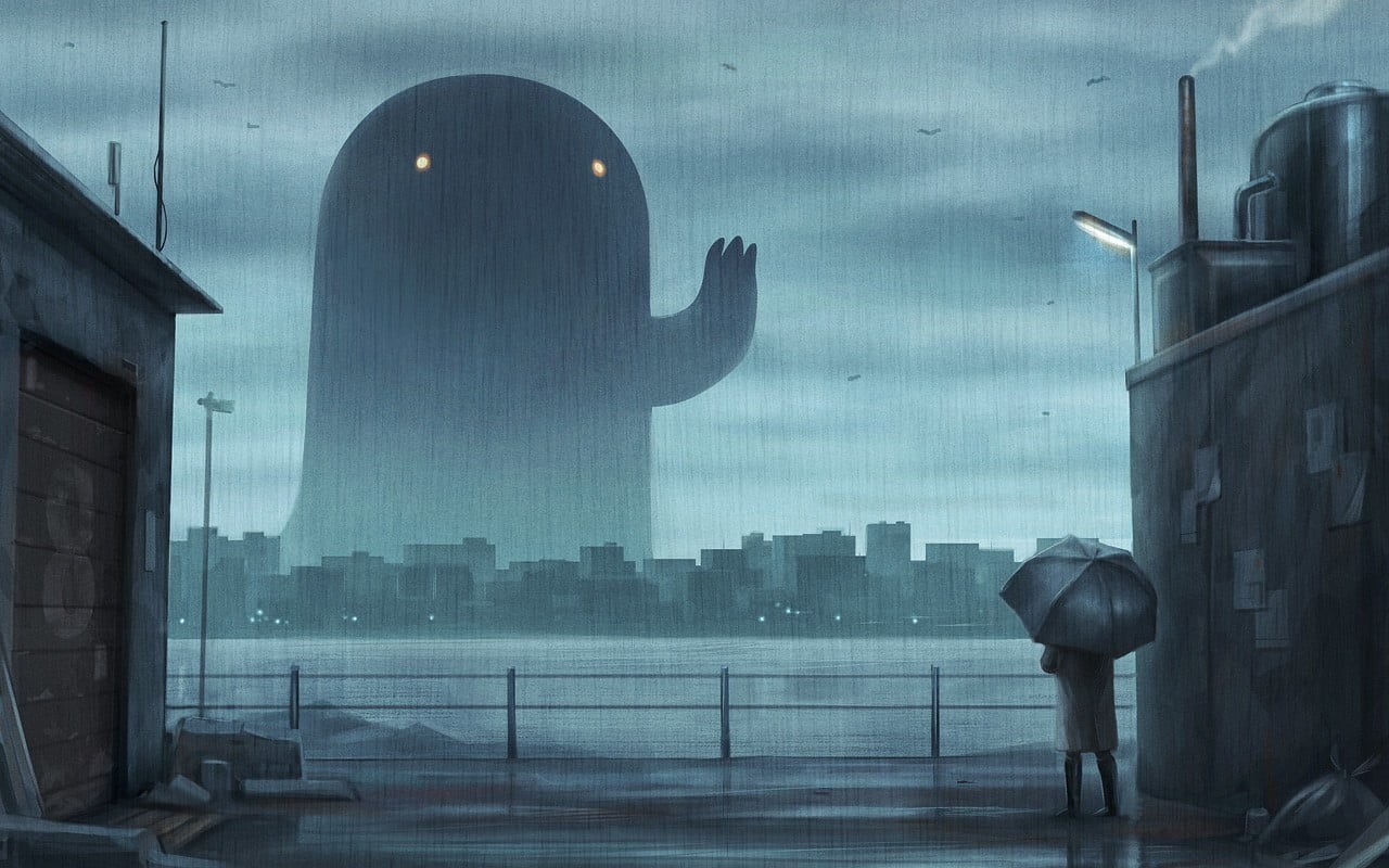 no people, looking, architecture, reflection, man, nature, creature, cloud - sky, anime, monster, illustration, cityscape, outdoors, artwork, cyan, holding, HD Wallpaper