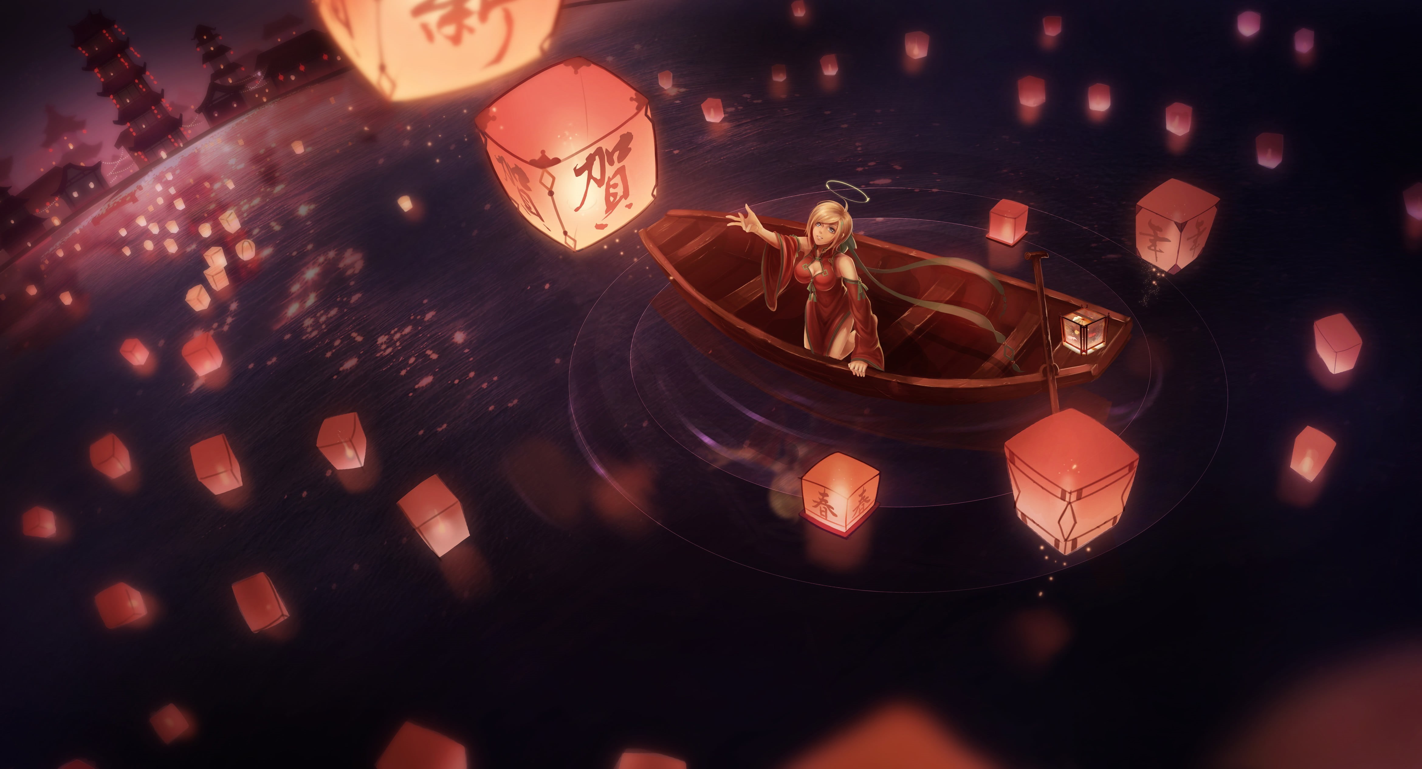 fantasy art, no people, fantasy girl, lantern, 4K, refreshment, night, dark, event, candle, nightlife, sky lanterns, nature, still life, illustration, HD Wallpaper