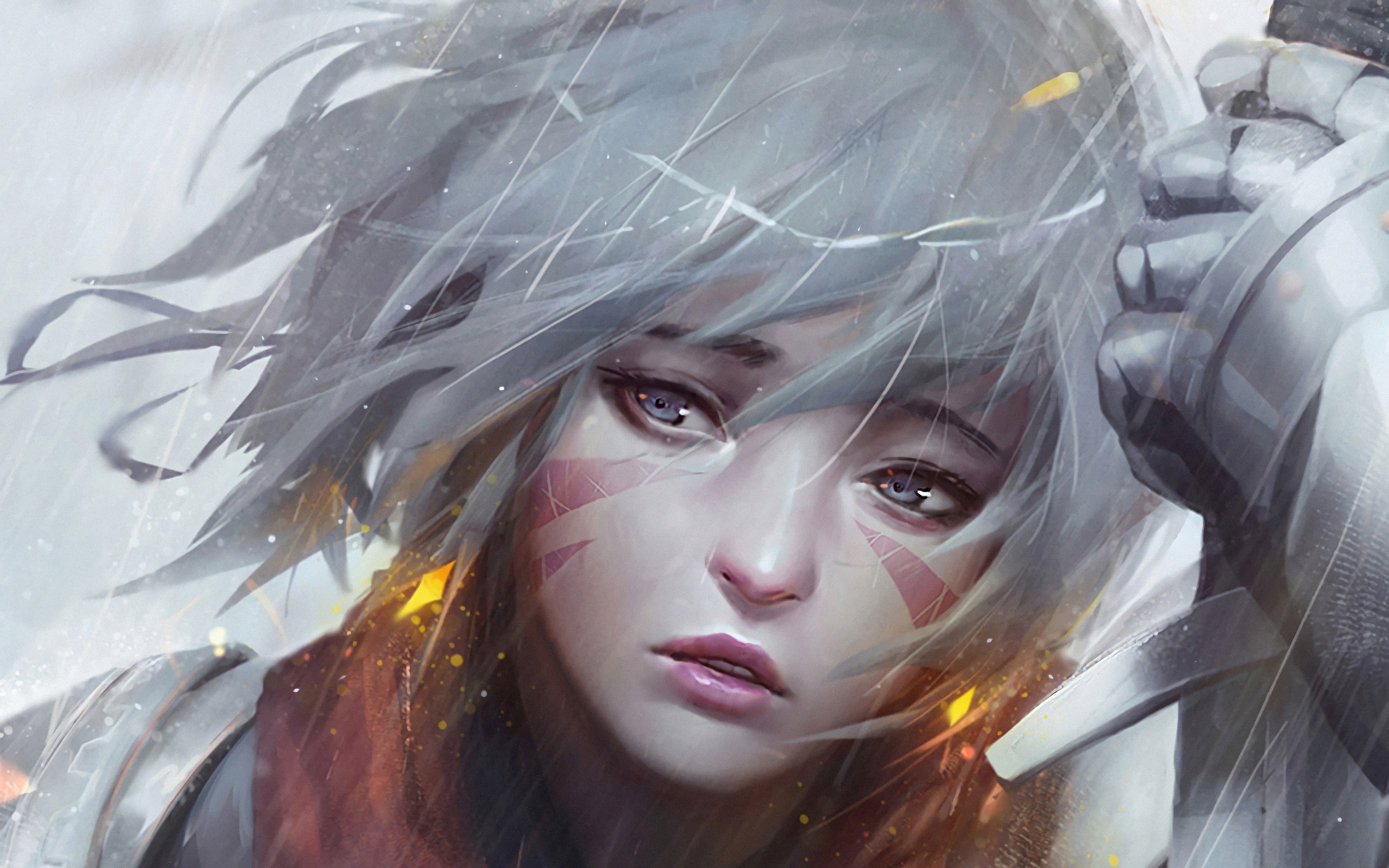 fantasy girl, artwork, digital art, rain, gray hair, warrior, concept art, illustration, fantasy art, digital, women, fictional, knight, 4K, original characters, HD Wallpaper