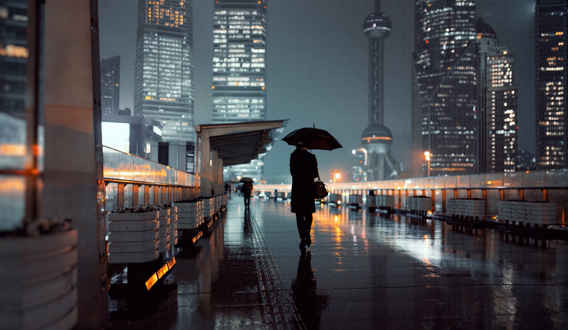 tower, modern, built Structure, illuminated, bridge - Man Made Structure, wet, one person, light - Natural Phenomenon, office building exterior, famous Place, HD Wallpaper