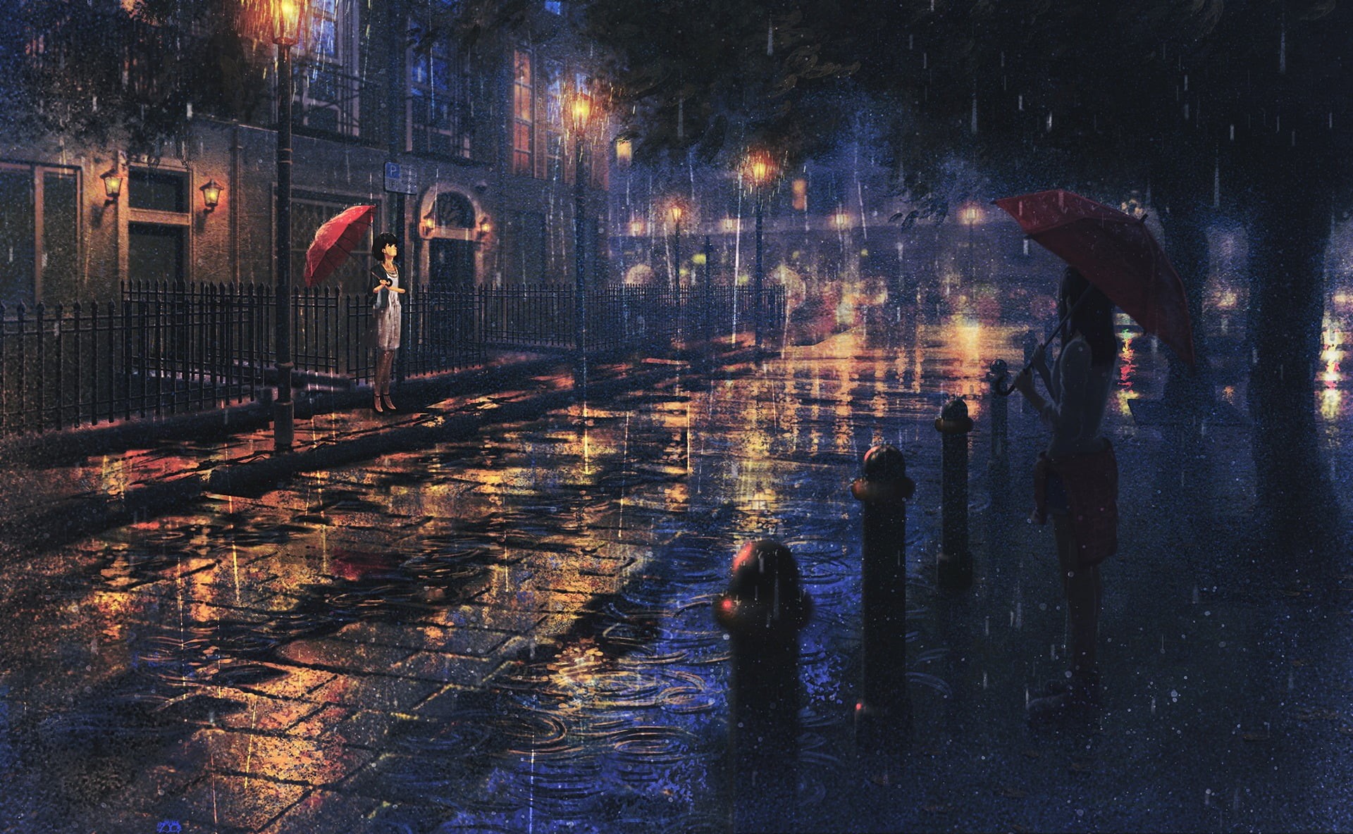 transportation, night, anime, reflection, architecture, 1080P, outdoors, winter, nature, anime girls, rain, artwork, street light, tree, rainy season, HD Wallpaper