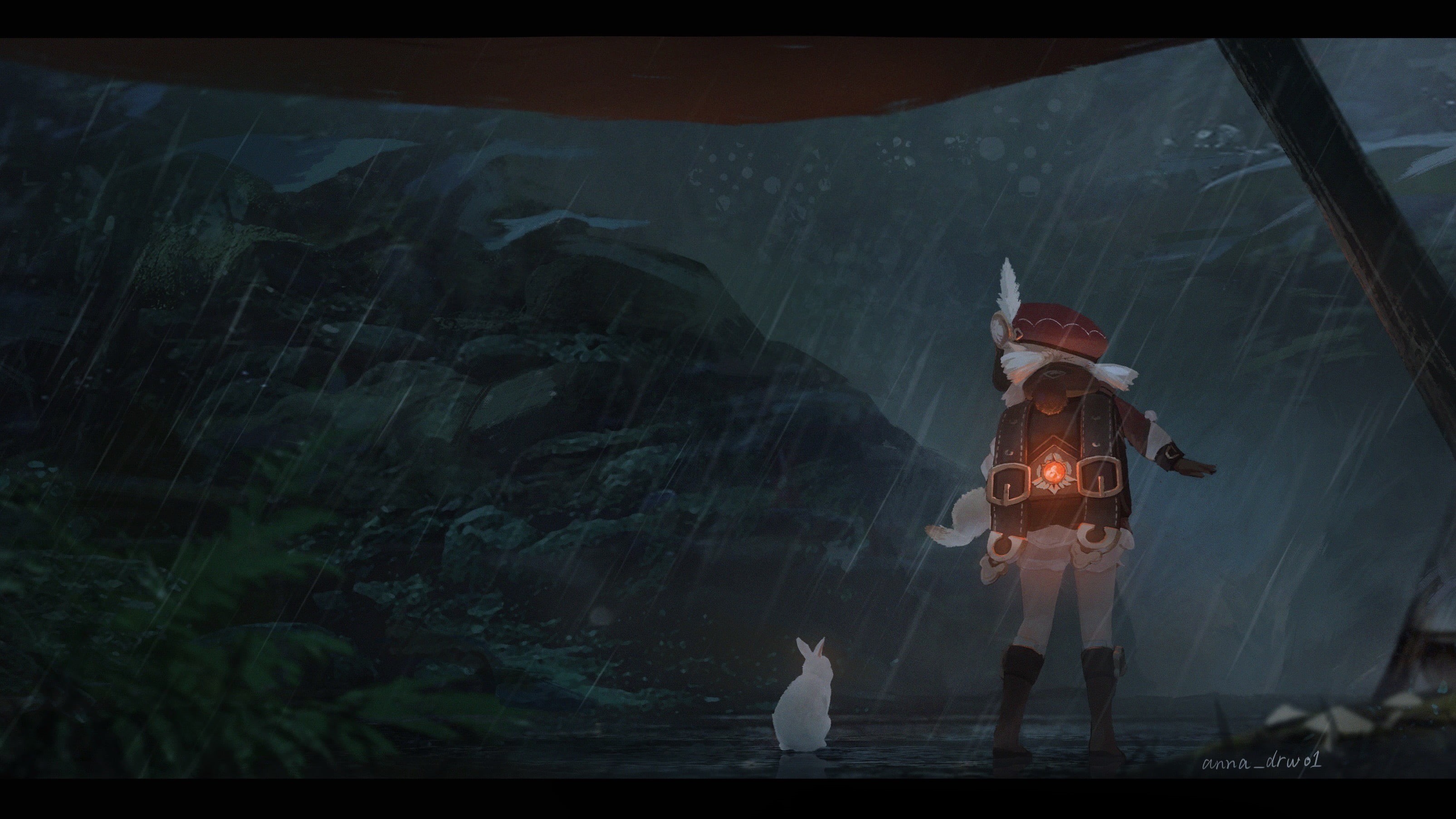 Genshin Impact, rabbits, rain, game characters, Klee (Genshin Impact), artwork, anime girls, digital, 2K, loli, fictional characters, HD Wallpaper