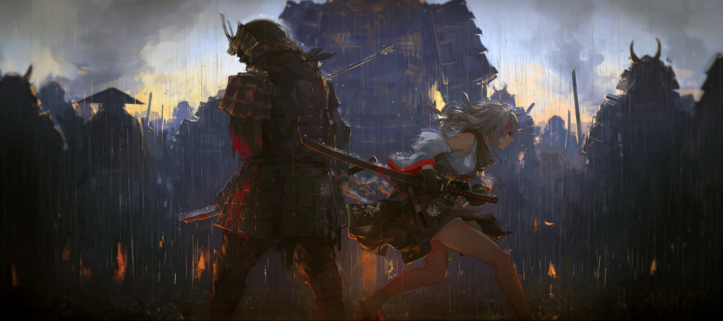 rain, armor, blood, wounded, girl, katana, pearls, fantasy, fantasy art, arrow, swords, Samurai, digital art, weapons, artwork, warrior, 1080P, HD Wallpaper