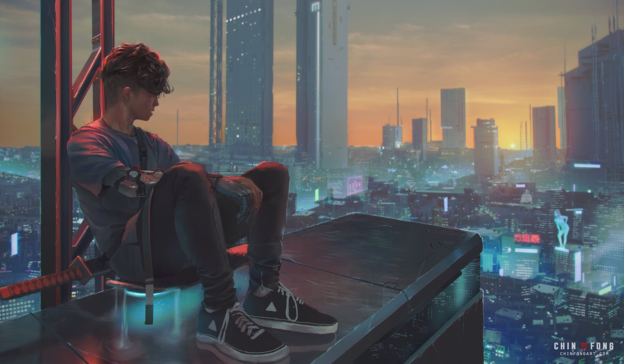 fantasy art, science fiction, city lights, dusk, city, drawing, skateboarding, landscape, concept art, digital, cyber city, artwork, atmosphere, tower, HD Wallpaper