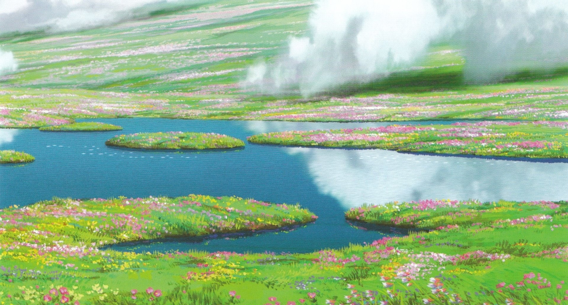 lagoon, scenics - nature, land, 1080P, landscape, water, Howls Moving Castle, green color, flower, day, beauty in nature, no people, tranquility, lake, HD Wallpaper