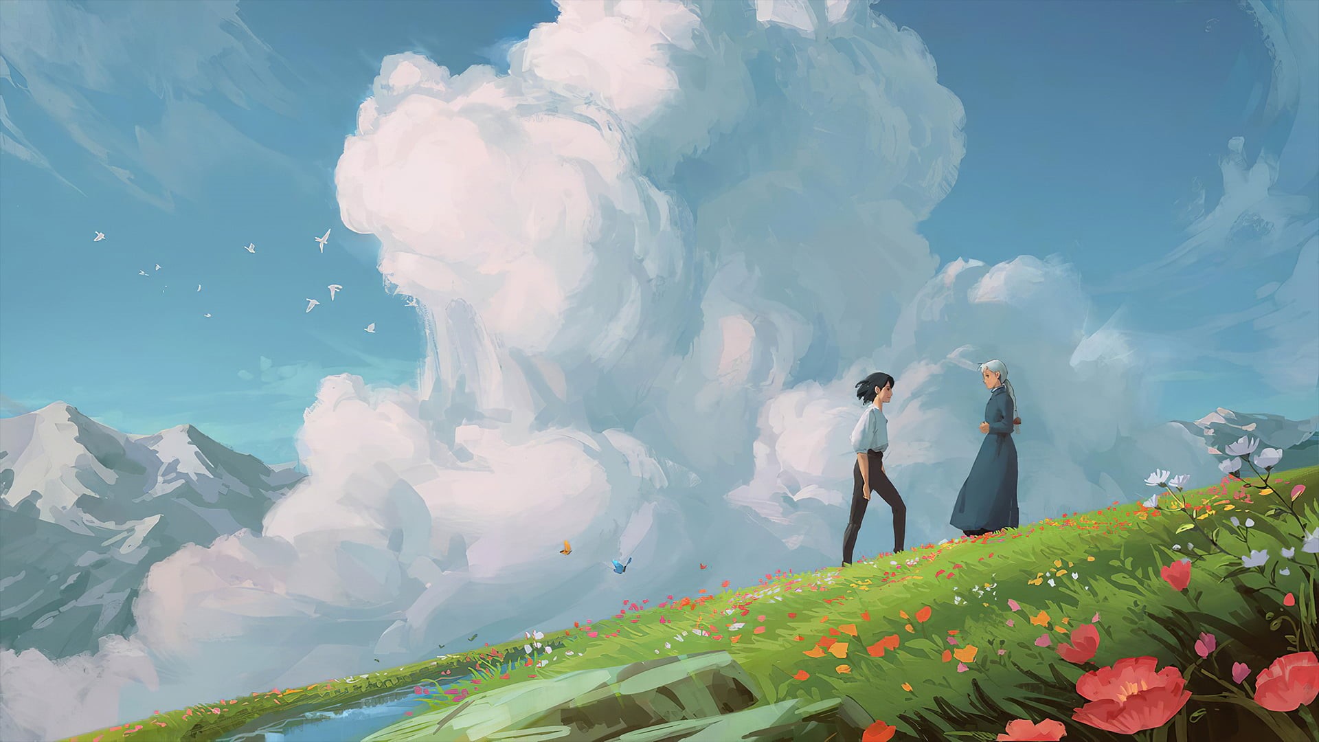 Howls Moving Castle, 1080P, Black Hair, Flower, Movie, White Hair, Cloud, Long Hair, Mountain, HD Wallpaper