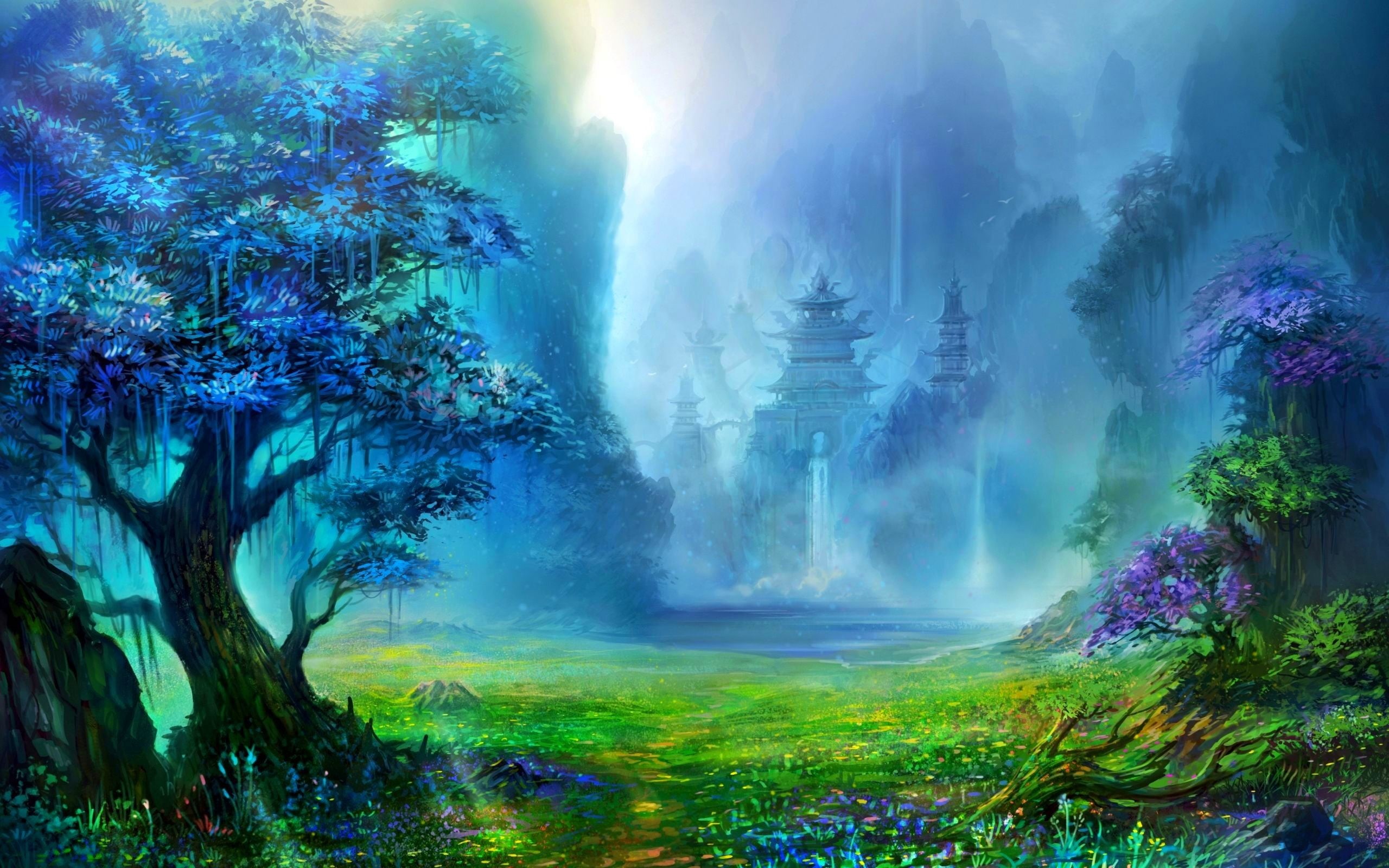 digital art, mountains, beauty In Nature, pagoda, art, outdoors, fantasy, vibrant Color, green Color, fog, idyllic, backgrounds, motion, land, purple, painting, HD Wallpaper