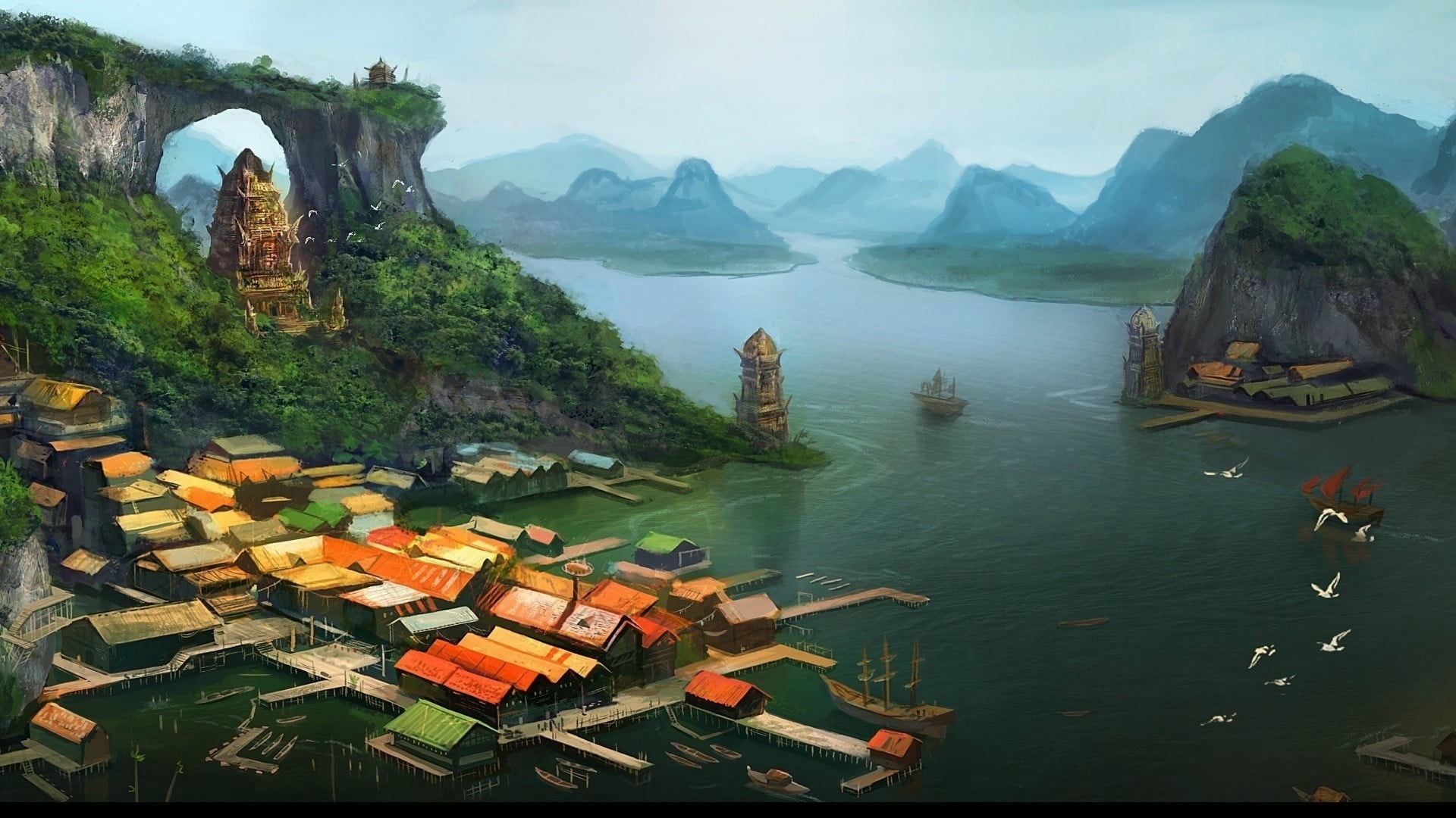 mountains, ship, house, anime, birds, digital art, 1080P, mountain range, transportation, pier, trees, scenics - nature, sky, city, mountain, top, fantasy art, HD Wallpaper