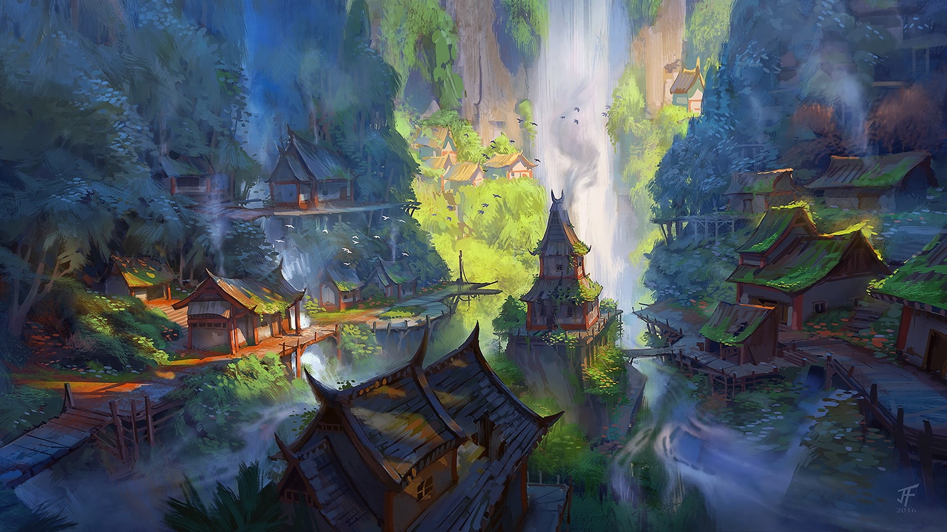 fantasy landscape, houses, mist, trees, forest, Village, digital art, 1080P, cliff, fantasy art, water, Jeremy Fenske, waterfalls, fantasy, river, waterfall, HD Wallpaper