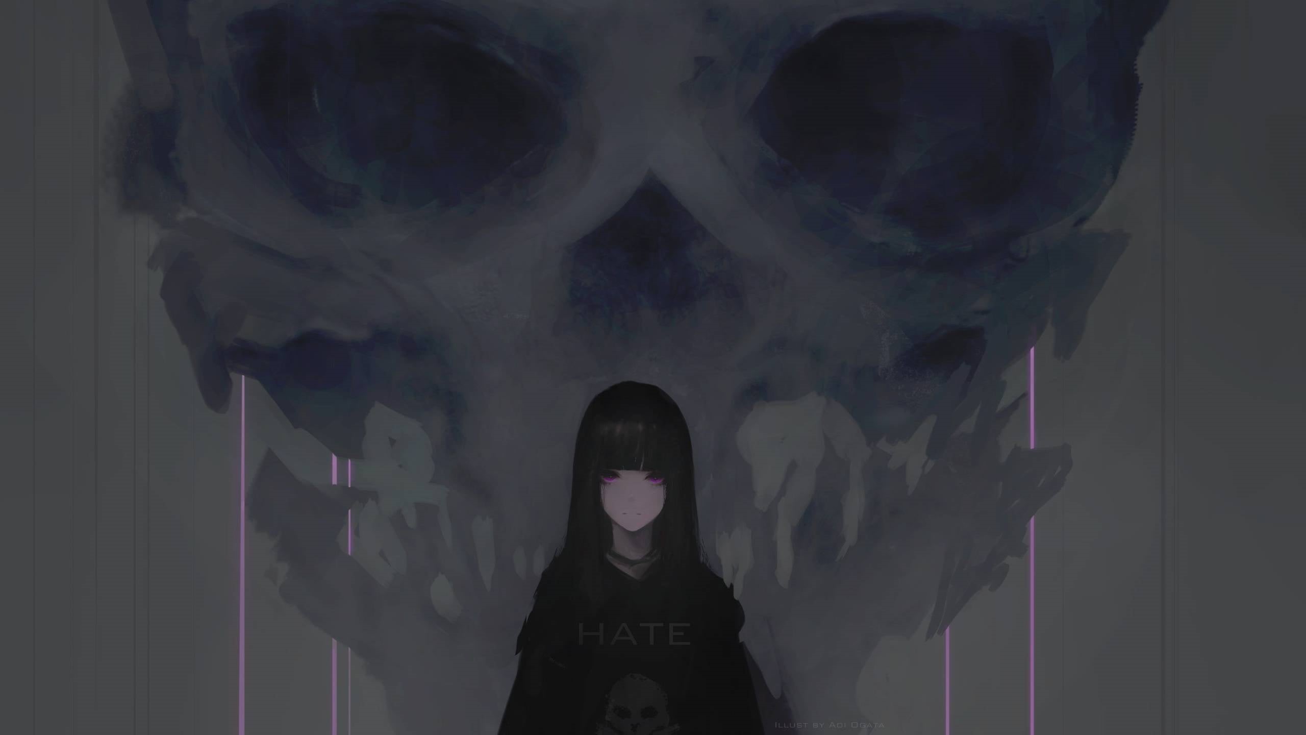 human body part, brunette, standing, digital composite, black hair, hate, original characters, skull, indoors, 2K, human representation, black, looking at viewer, HD Wallpaper