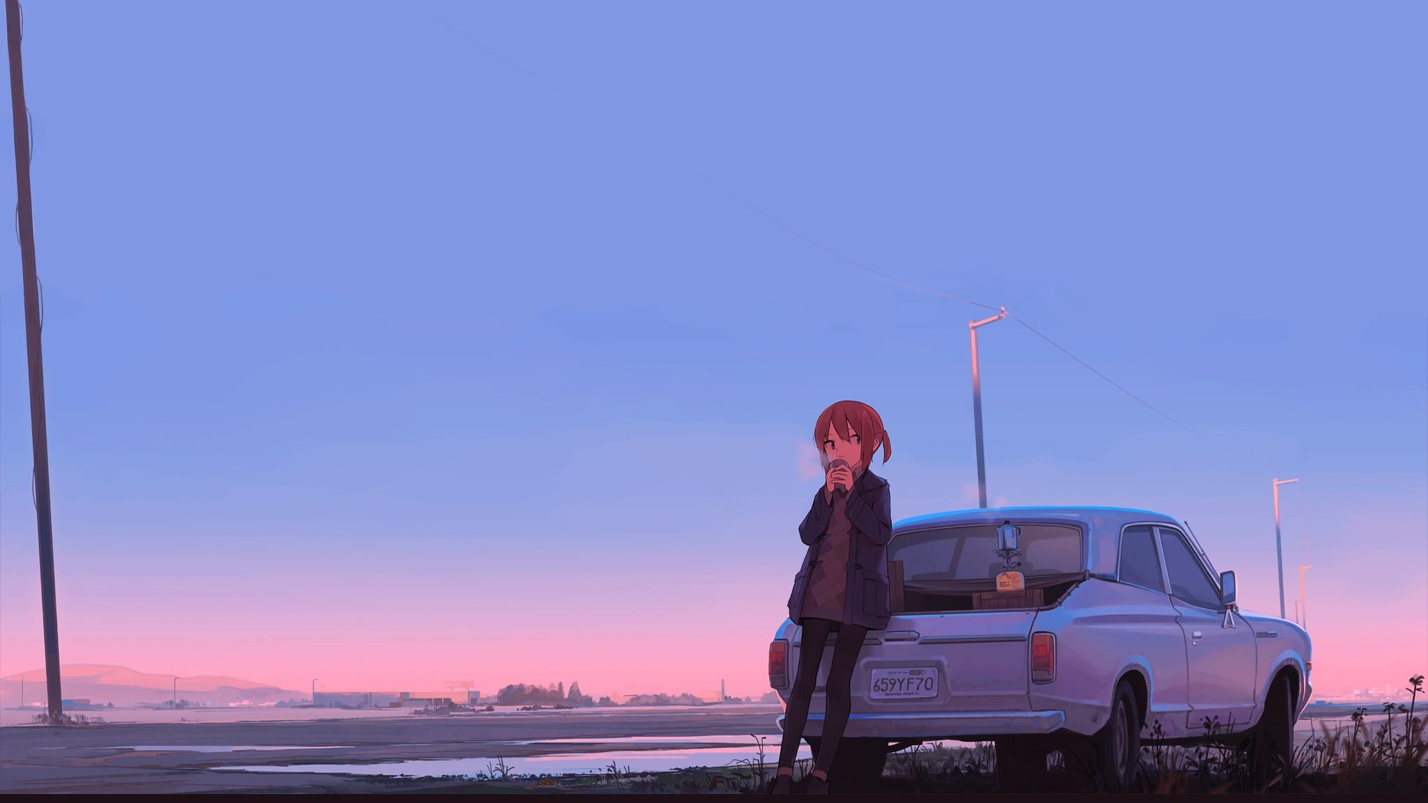 original characters, anime girls, sunset, mode of transportation, nature, front view, transportation, adult, copy space, car, contemplation, HD Wallpaper