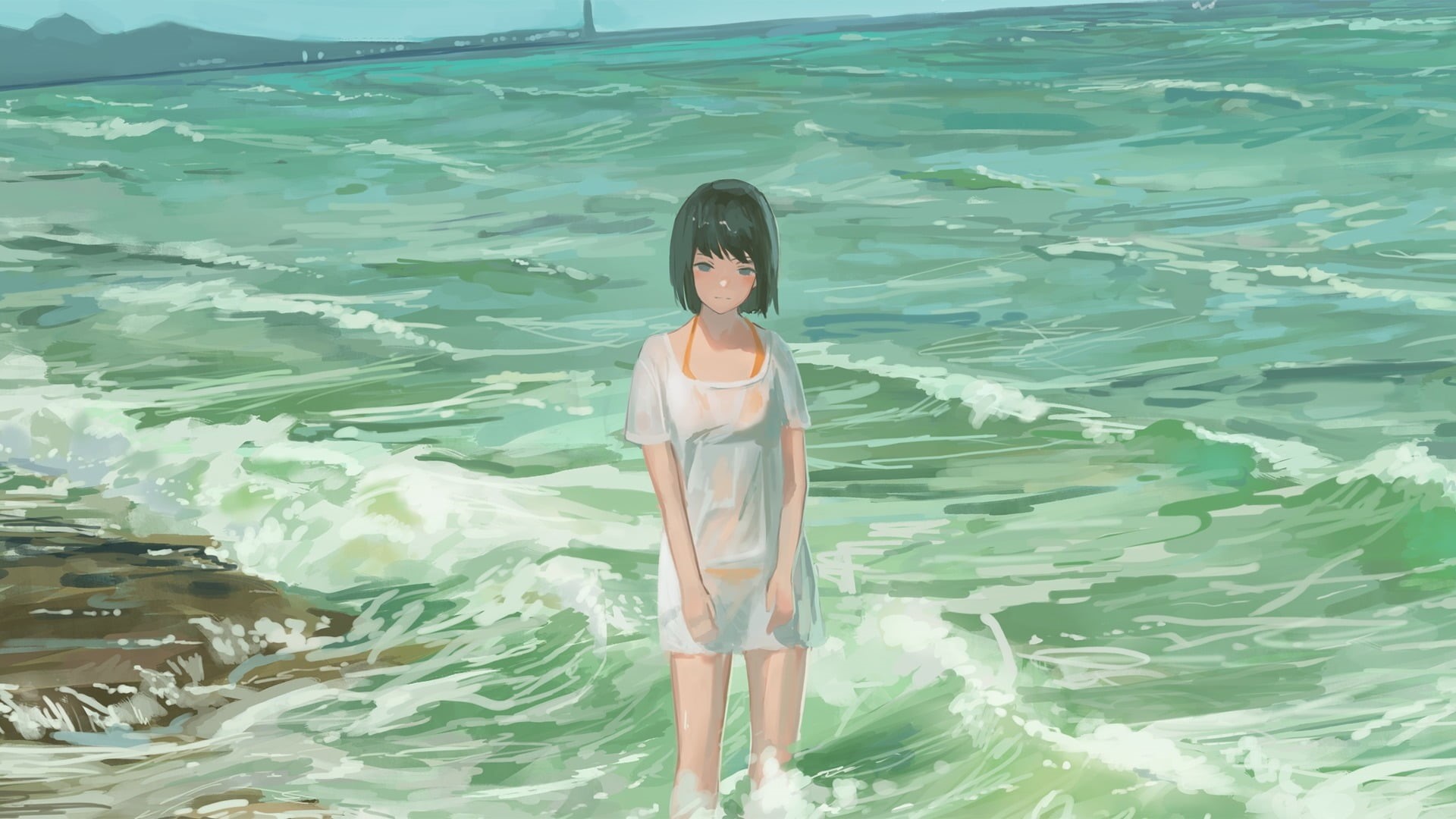 three quarter length, swimming pool, standing, portrait, front view, lifestyles, water, nature, young adult, leisure activity, beach, anime girls, HD Wallpaper