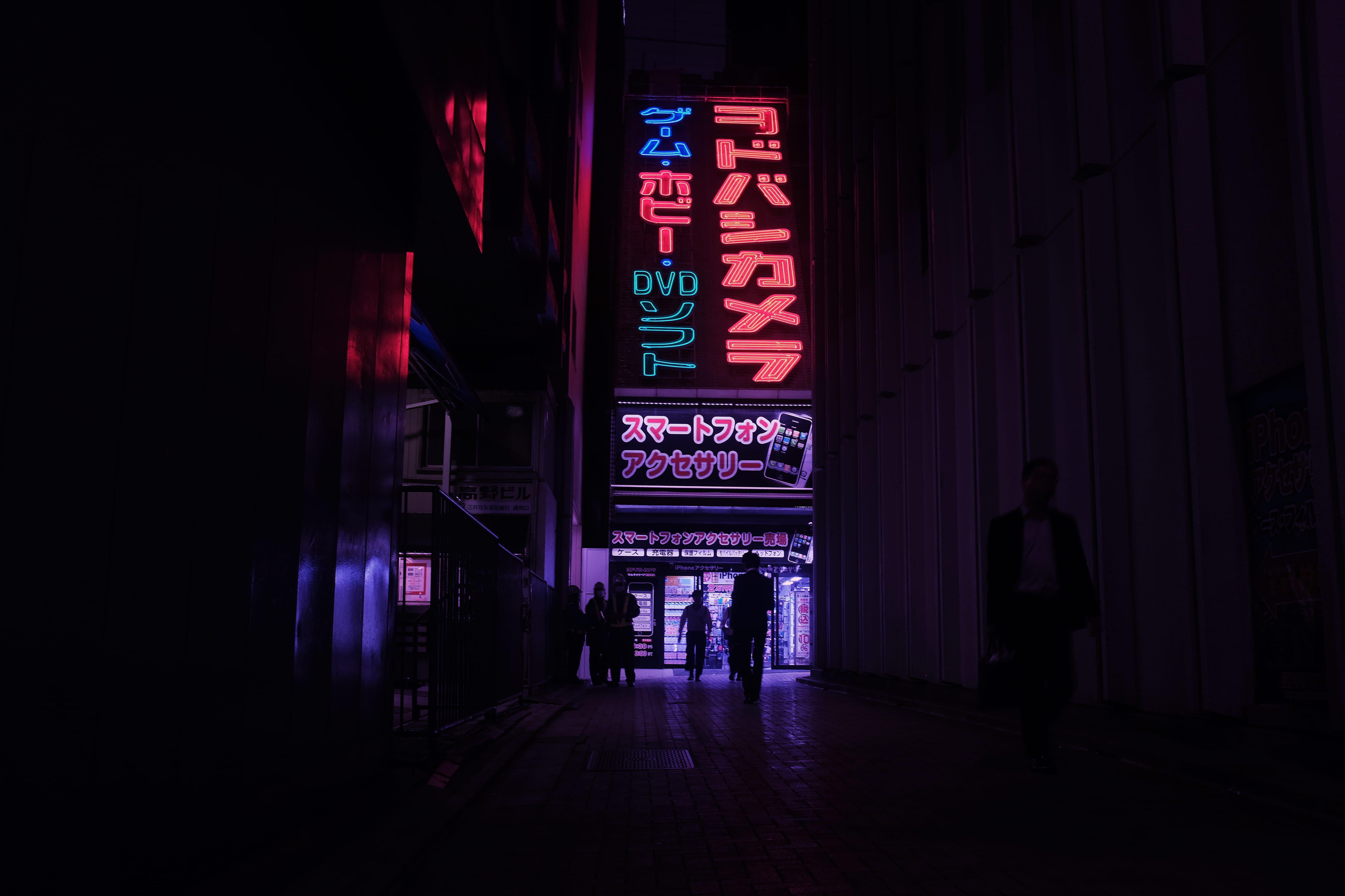 dark, asium, rise, night, buildings, hallway, travel destinations, red, purple, leisure activity, tokyo, asian, built structure, lifestyles, neon, led, HD Wallpaper
