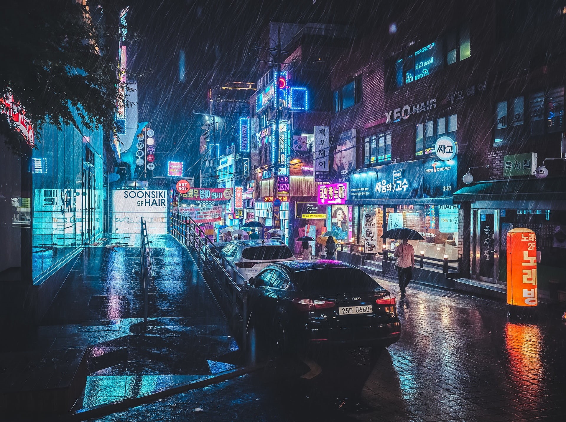wet, rain, uSA, umbrella, built Structure, building, nightlife, sedan, traffic, photography, black, travel, 1080P, outdoors, communication, people, road, HD Wallpaper