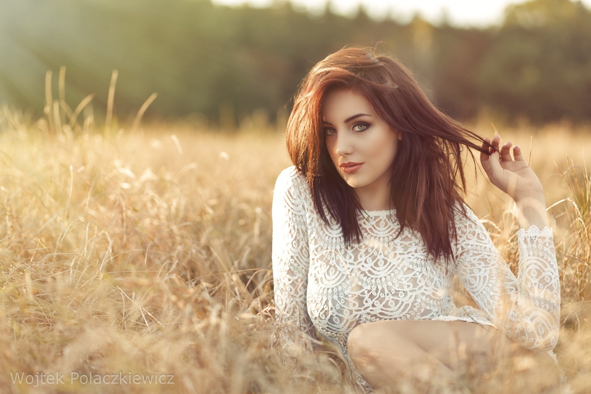 portrait, young women, brown hair, hair, 1080P, nature, lifestyles, hands in hair, young adult, freedom, beautiful woman, fashion, looking at viewer, dress, HD Wallpaper