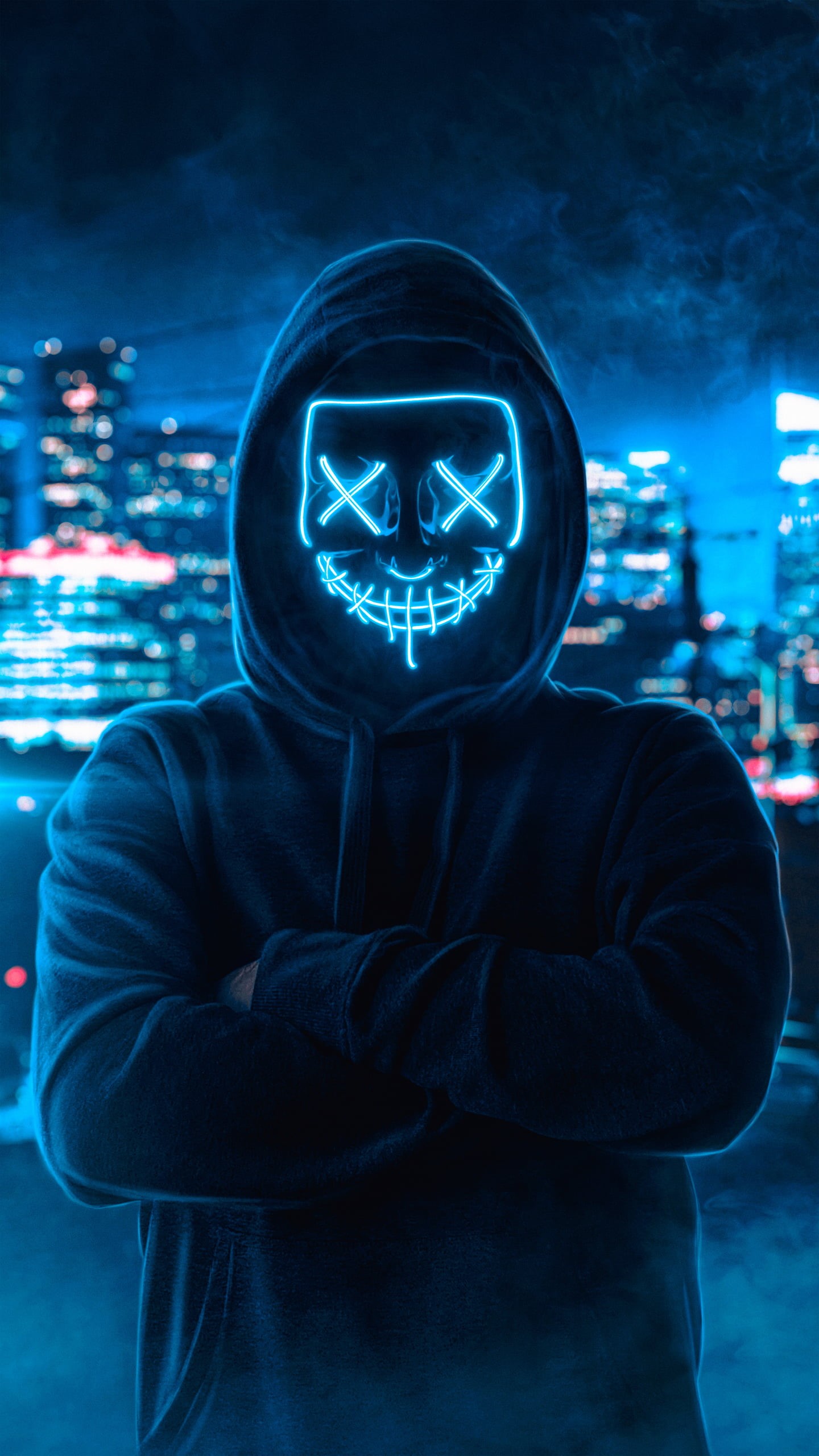 photomontage, dark, photo manipulation, mask, neon lights, environment, cyan, Photoshop, digital, blue, faceless, city, artwork, lights, urban, hoods, bokeh, Phone HD Wallpaper