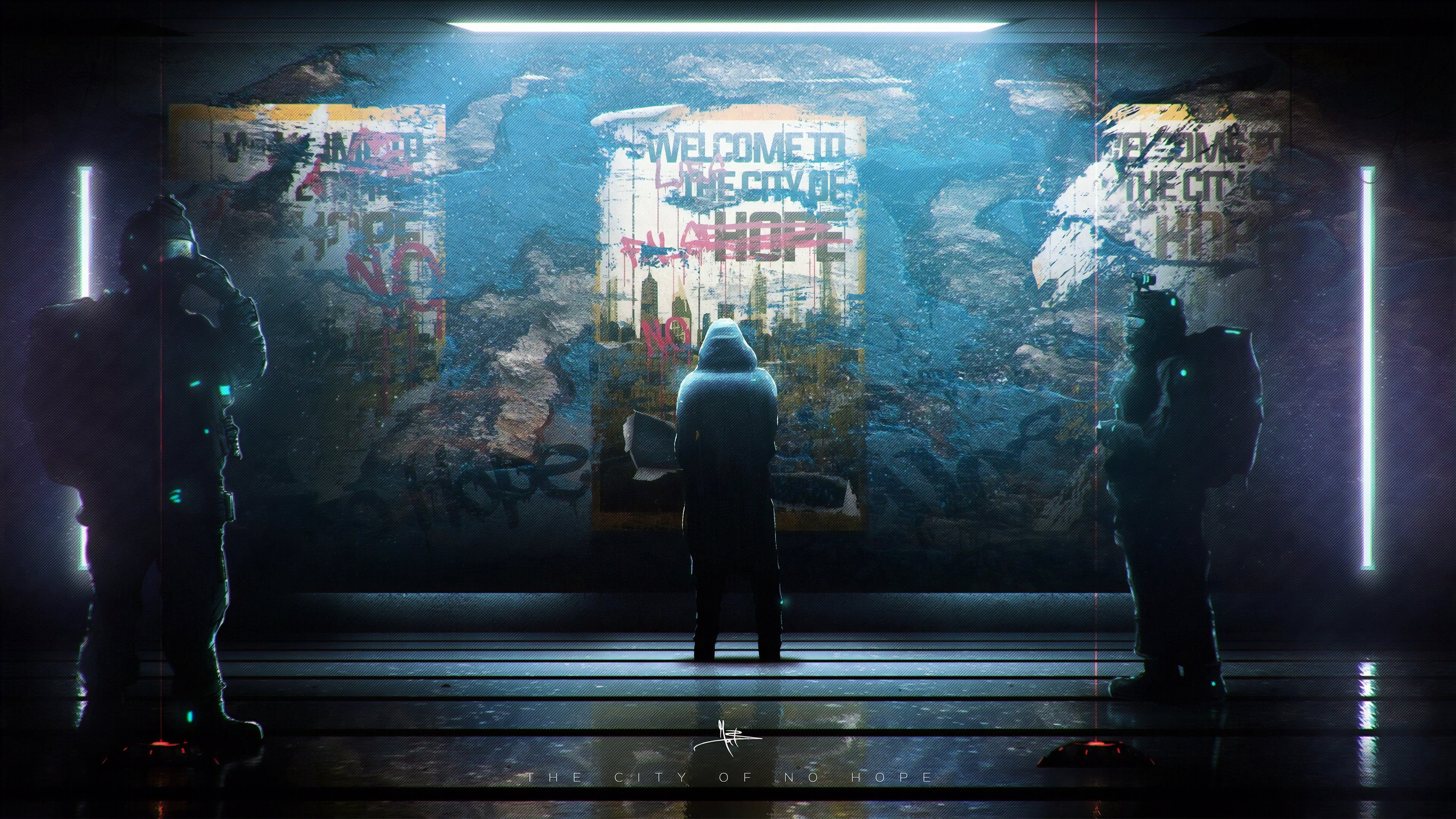 faceless, urban, Dark Cyberpunk, digital art, futuristic armor, concept art, hope, neon, city, artwork, poster, soldier, digital, neon lights, dark, futuristic, HD Wallpaper