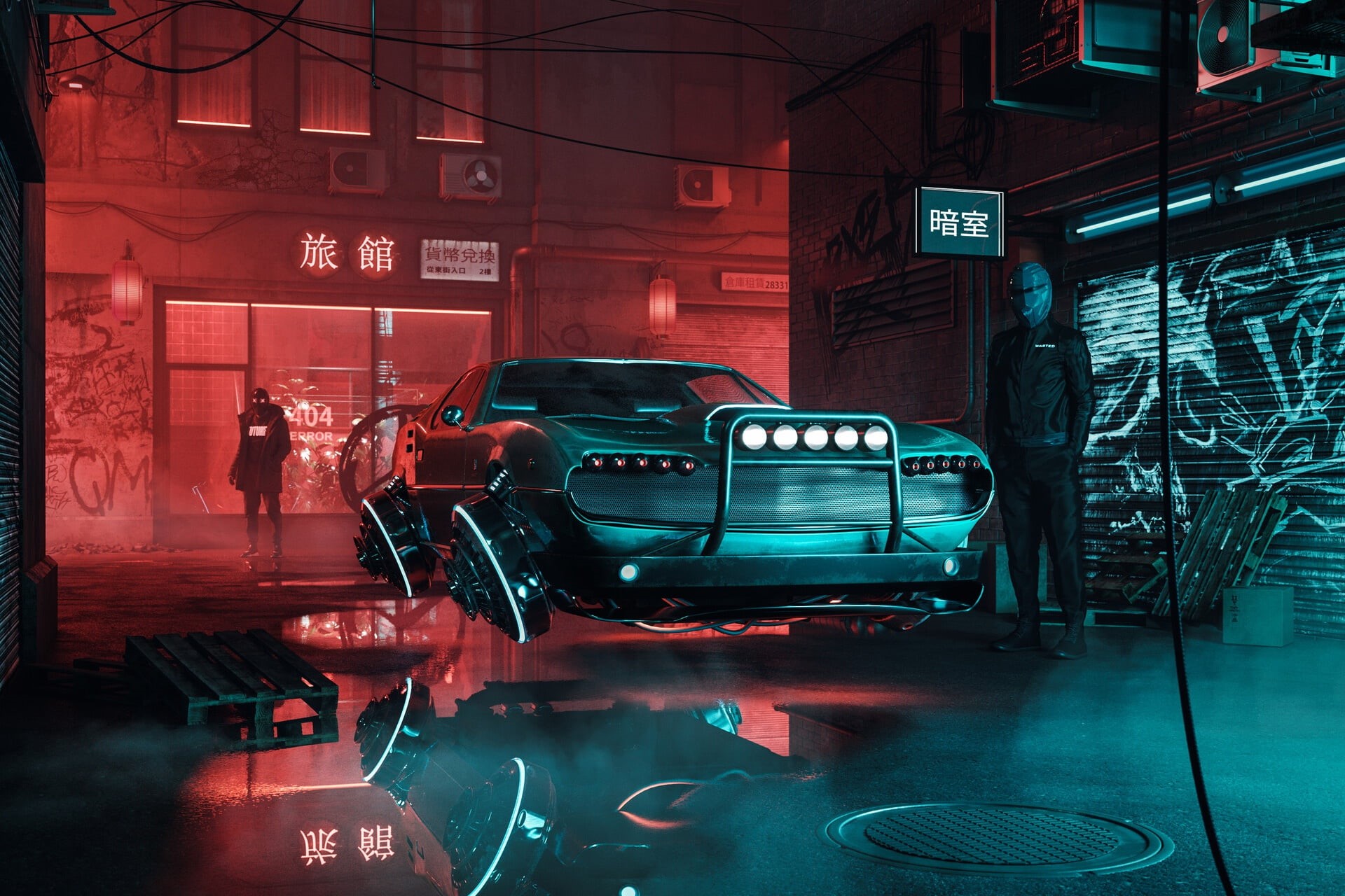 vehicle, neon, transport, red, artwork, Photoshop, urban, supercars, building, cyber, people, city, 1080P, photomontage, glowing, futuristic, digital art, HD Wallpaper