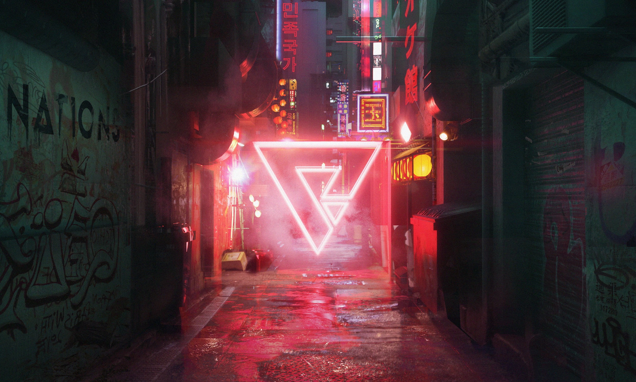 1080P, neon, lights, digital painting, night, triangle, city lights, city, cyberpunk, artwork, digital art, urban, neon sign, neon lights, architecture, HD Wallpaper