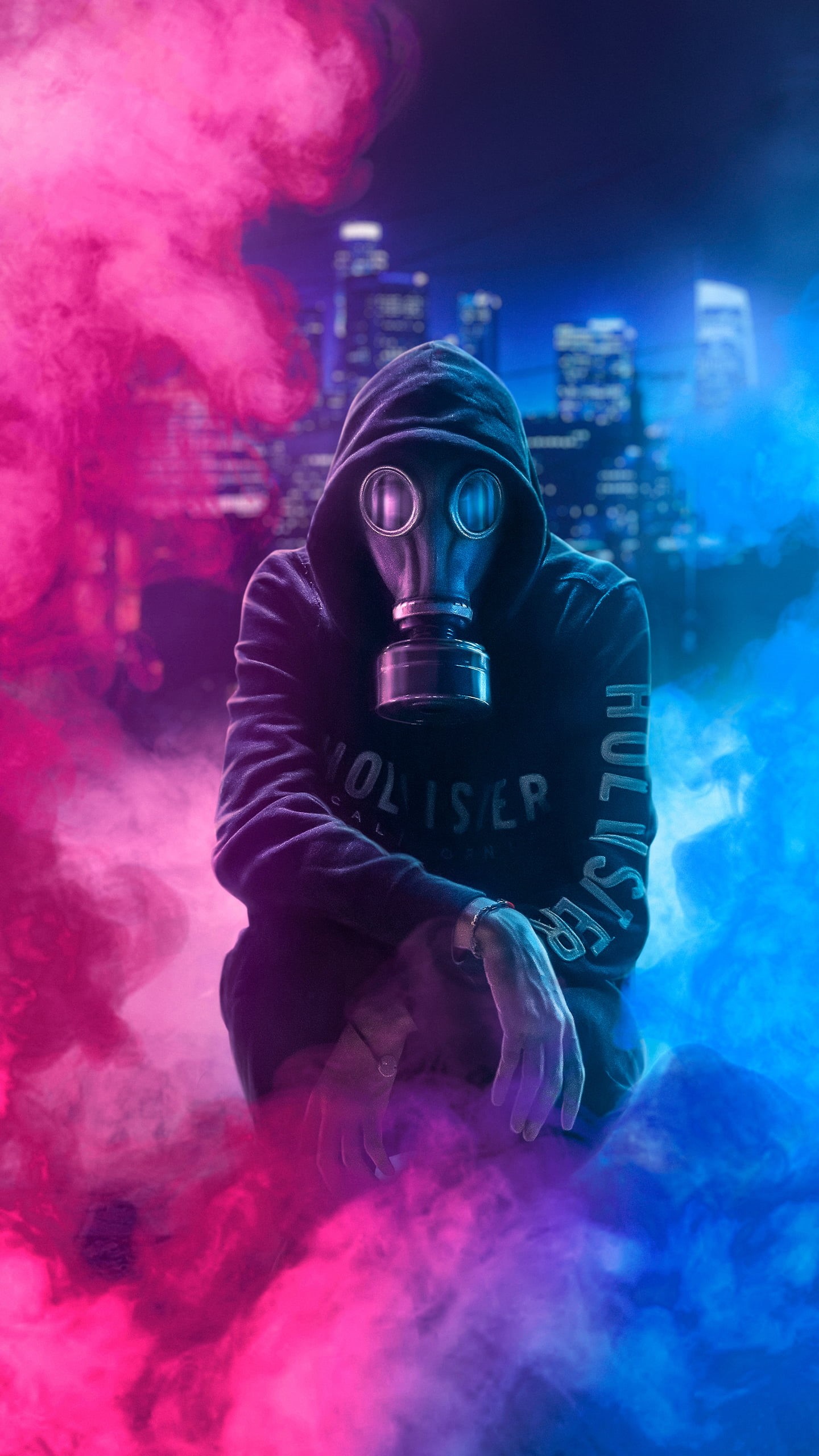 artwork, environment, night, gas masks, blue, pink, hoods, digital art, smoke, mask, cyan, neon lights, faceless, Photoshop, concept art, digital, lights, Phone HD Wallpaper