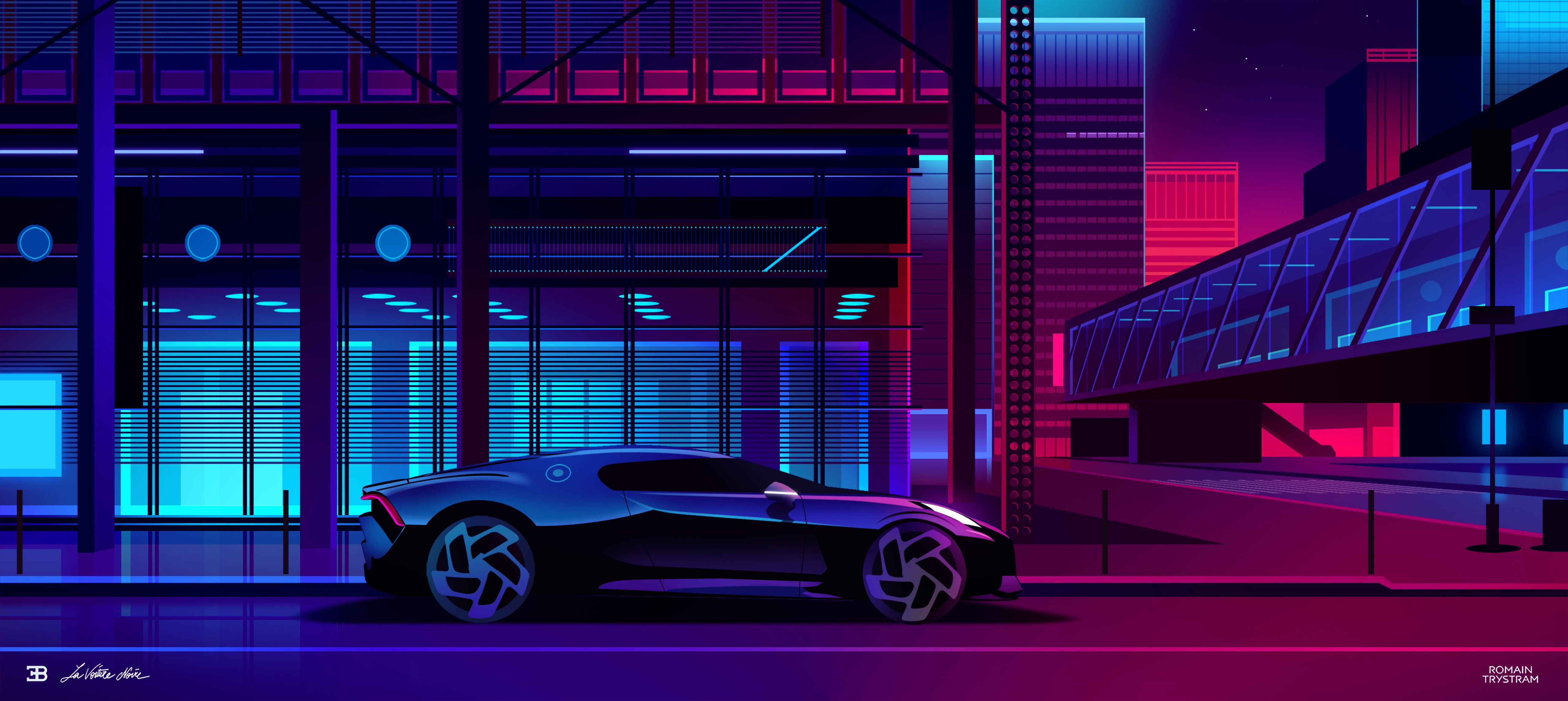 building, lights, 4K, Romain Trystram, artwork, vehicle, Architecture models, street, car, futuristic city, architecture, city, cityscape, vector graphics, HD Wallpaper