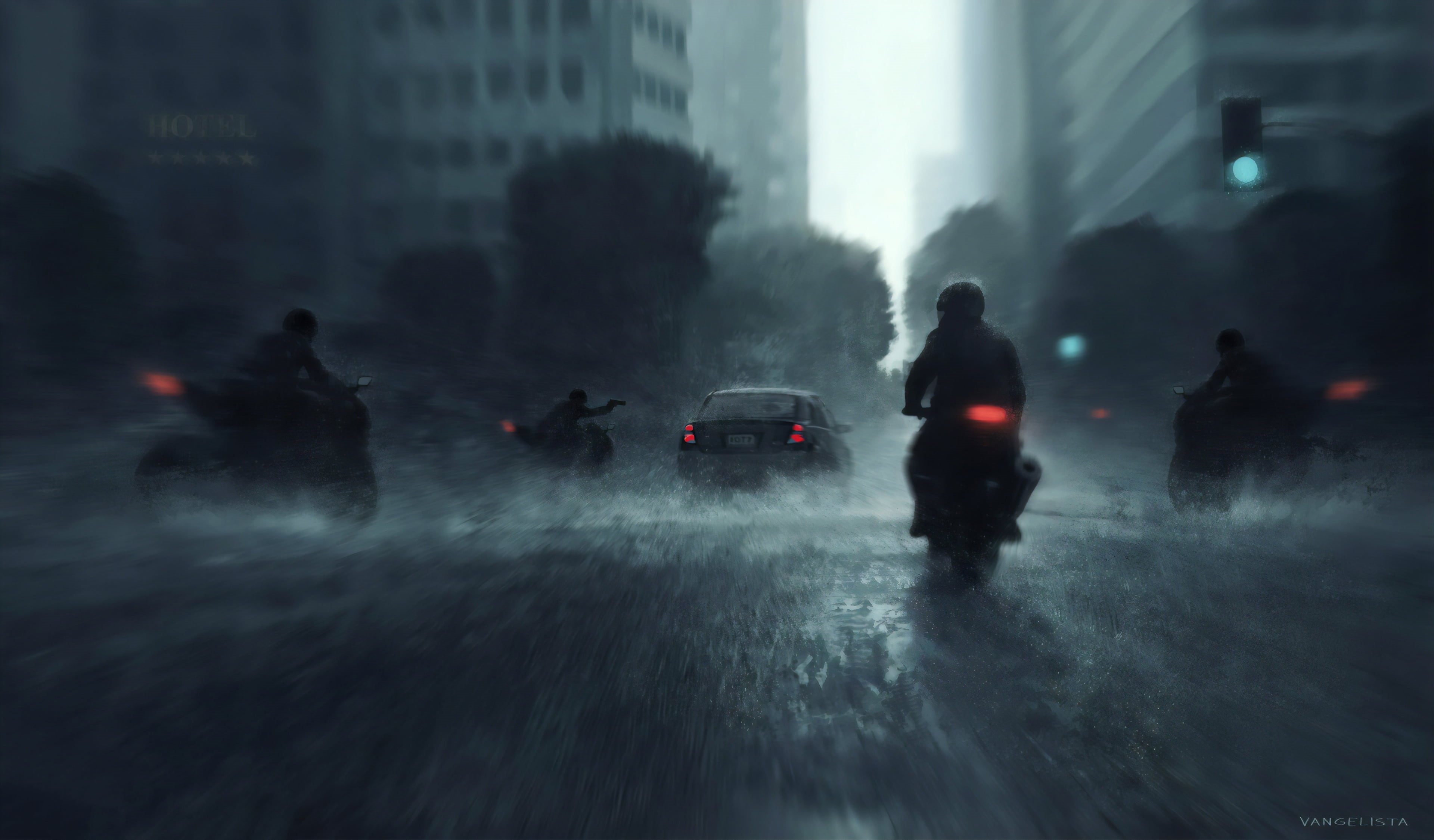 cityscape, street, city lights, people, silhouette, digital art, modern, city, motorcyclist, artwork, environment, urban, street light, vehicle, architecture, HD Wallpaper