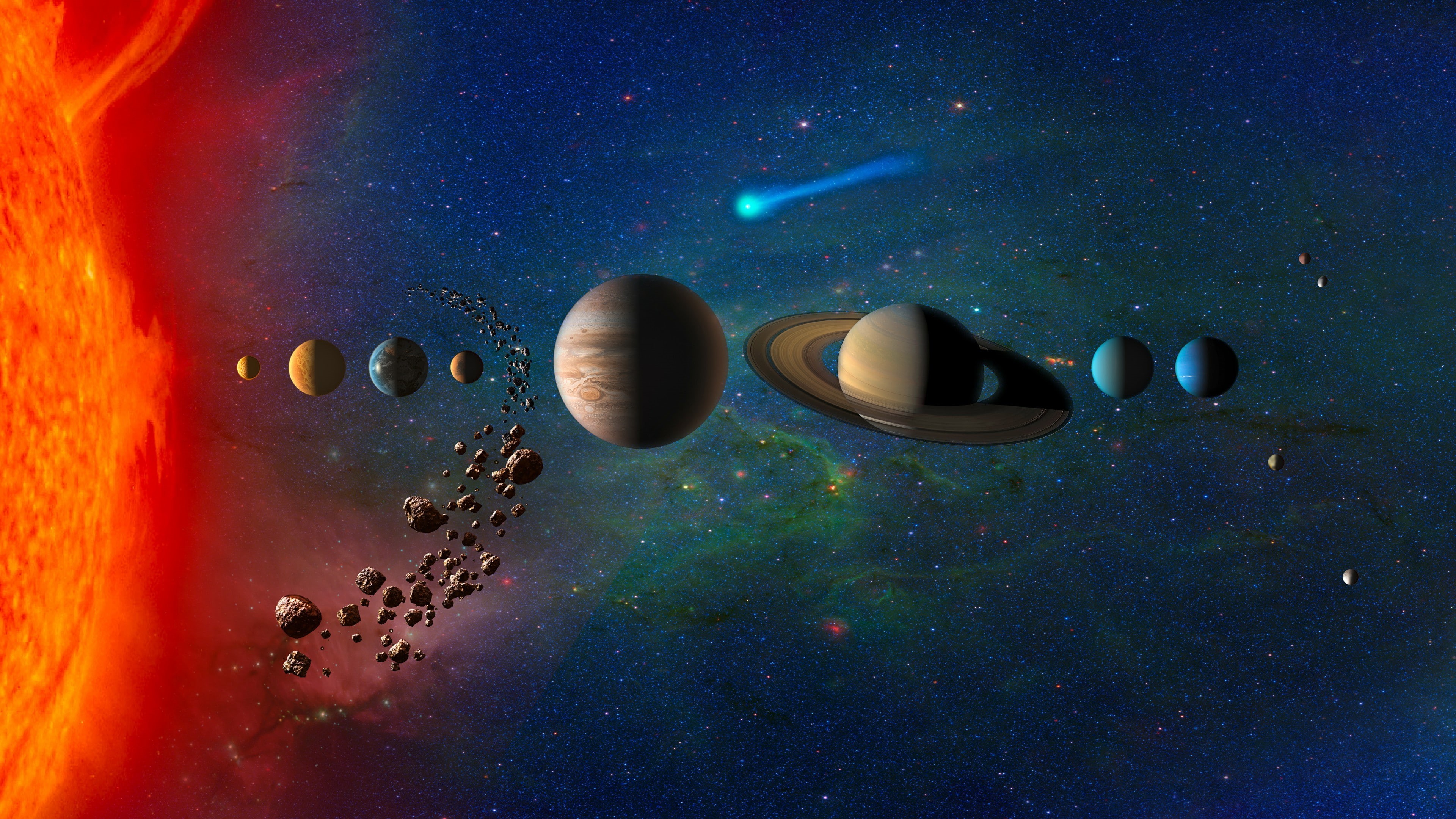 stars, earth, planetary system, venus, sun, mars, solar system, saturn, space, comet, asteroid, universe, uranus, 4K, pluto, space art, planets, planet, HD Wallpaper