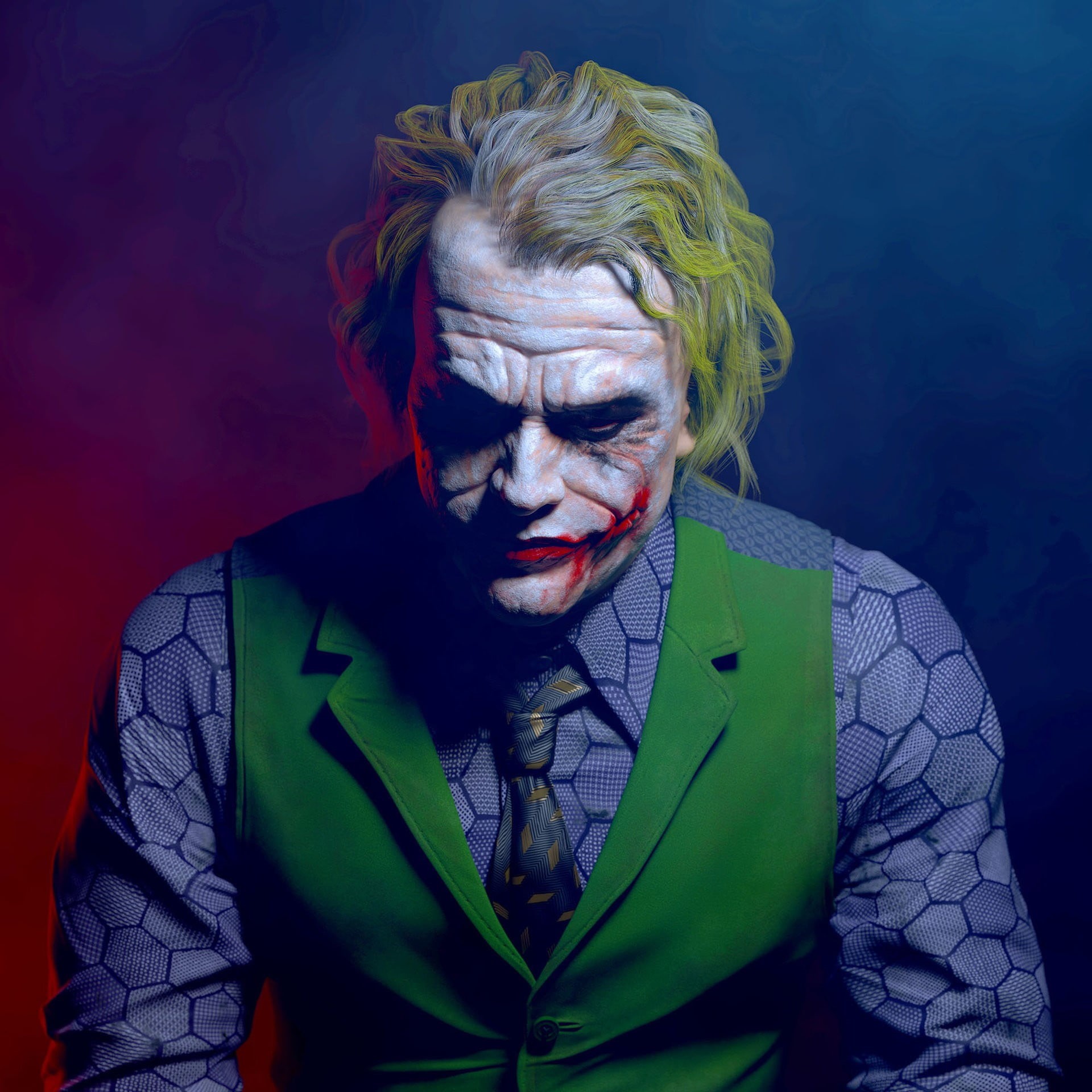 bizarre, studio shot, looking at camera, front view, portrait, one person, costume, colored background, hairstyle, Batman, headshot, indoors, evil, face paint, Phone HD Wallpaper