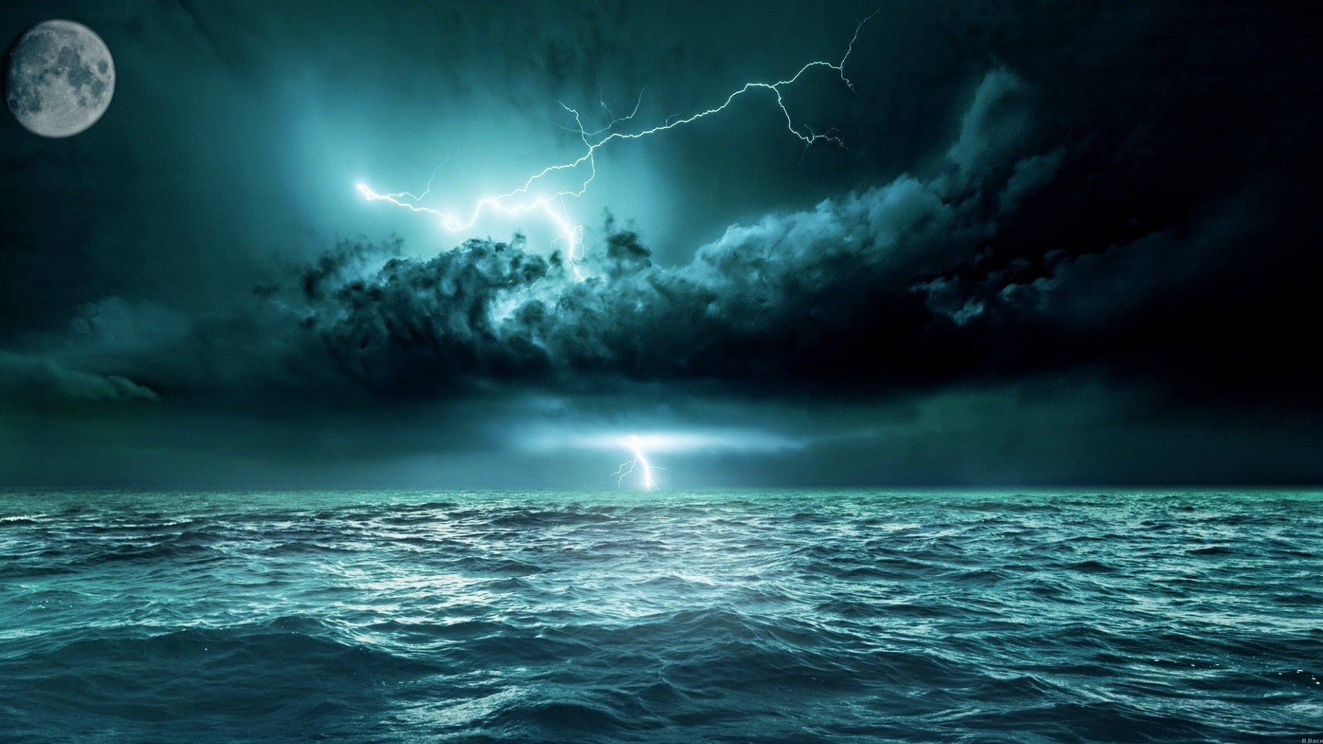 horizon, darkness, 1080P, storm, moon, night sky, moonlight, ocean, sea, lightning, HD Wallpaper