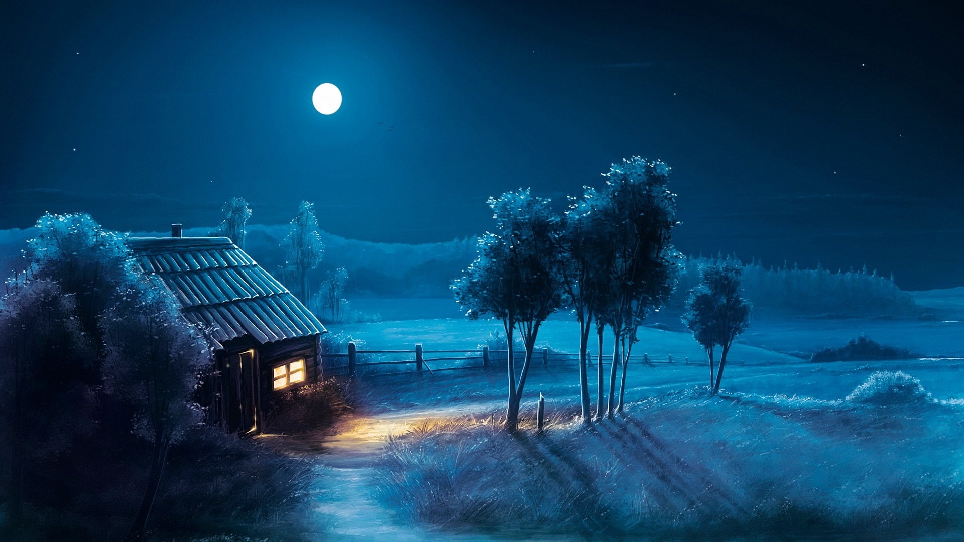 blue, fantasy landscape, darkness, full moon, 1080P, house, moon, moonlight, fantasy art, night, HD Wallpaper
