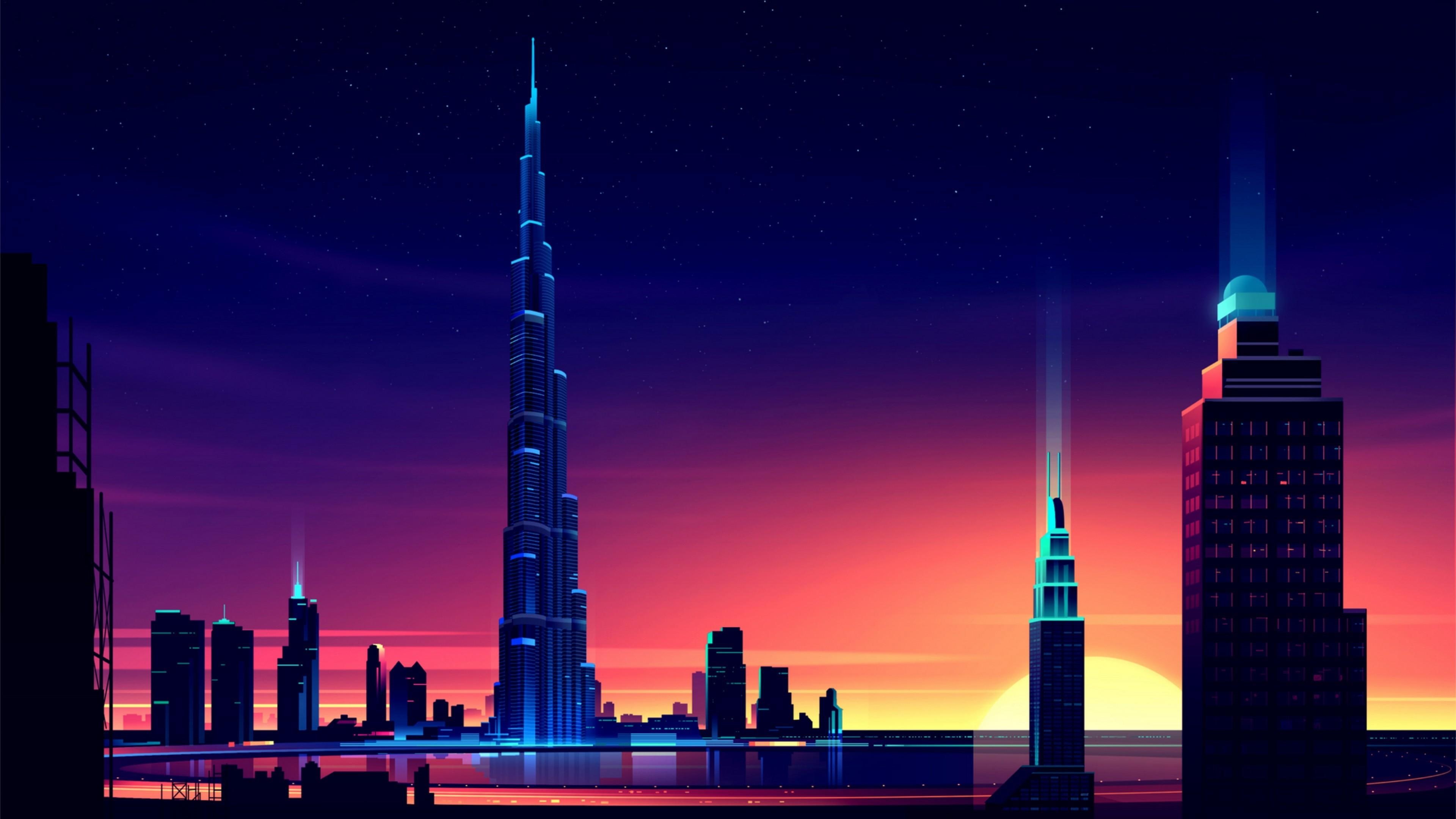 tower block, night, metropolitan area, artwork, city, illustration, skyline, skyscraper, sky, tower, architecture, digital art, 4K, night sky, landmark, HD Wallpaper