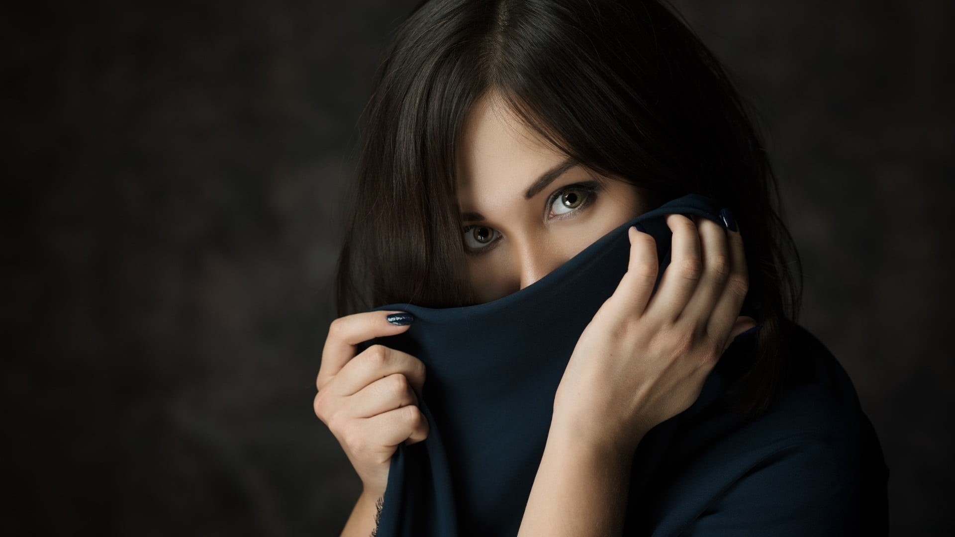blue, contemplation, black hair, studio shot, obscured face, indoors, beautiful woman, bangs, women, long hair, front view, 1080P, covering, top, teenager, HD Wallpaper