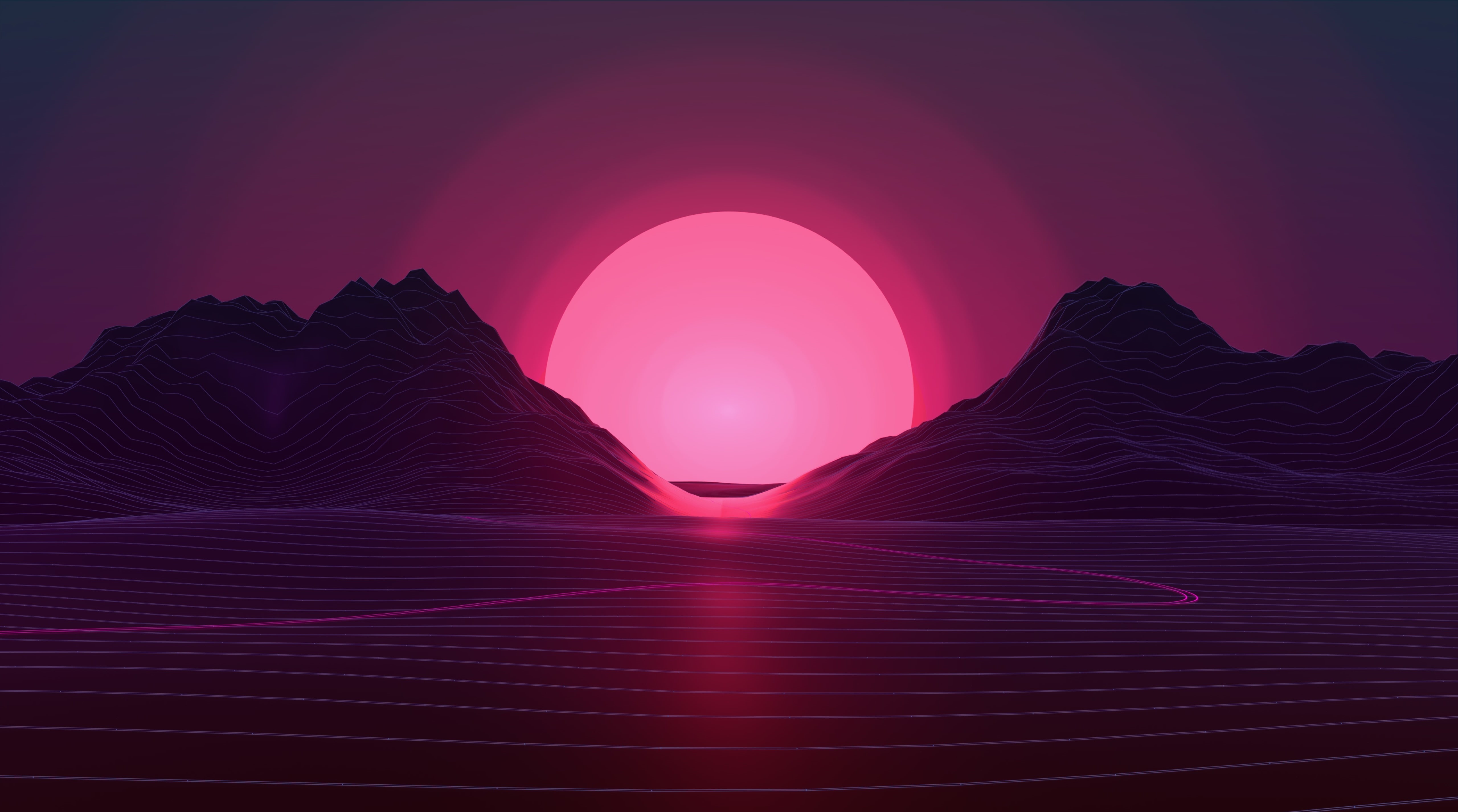 Pink, synthwave, retrostyle, 5K, Sunset, Artistic, retrowave, Neon, outrun, Sunrise, Music, Mountains, futuresynth, Abstract, background, HD Wallpaper