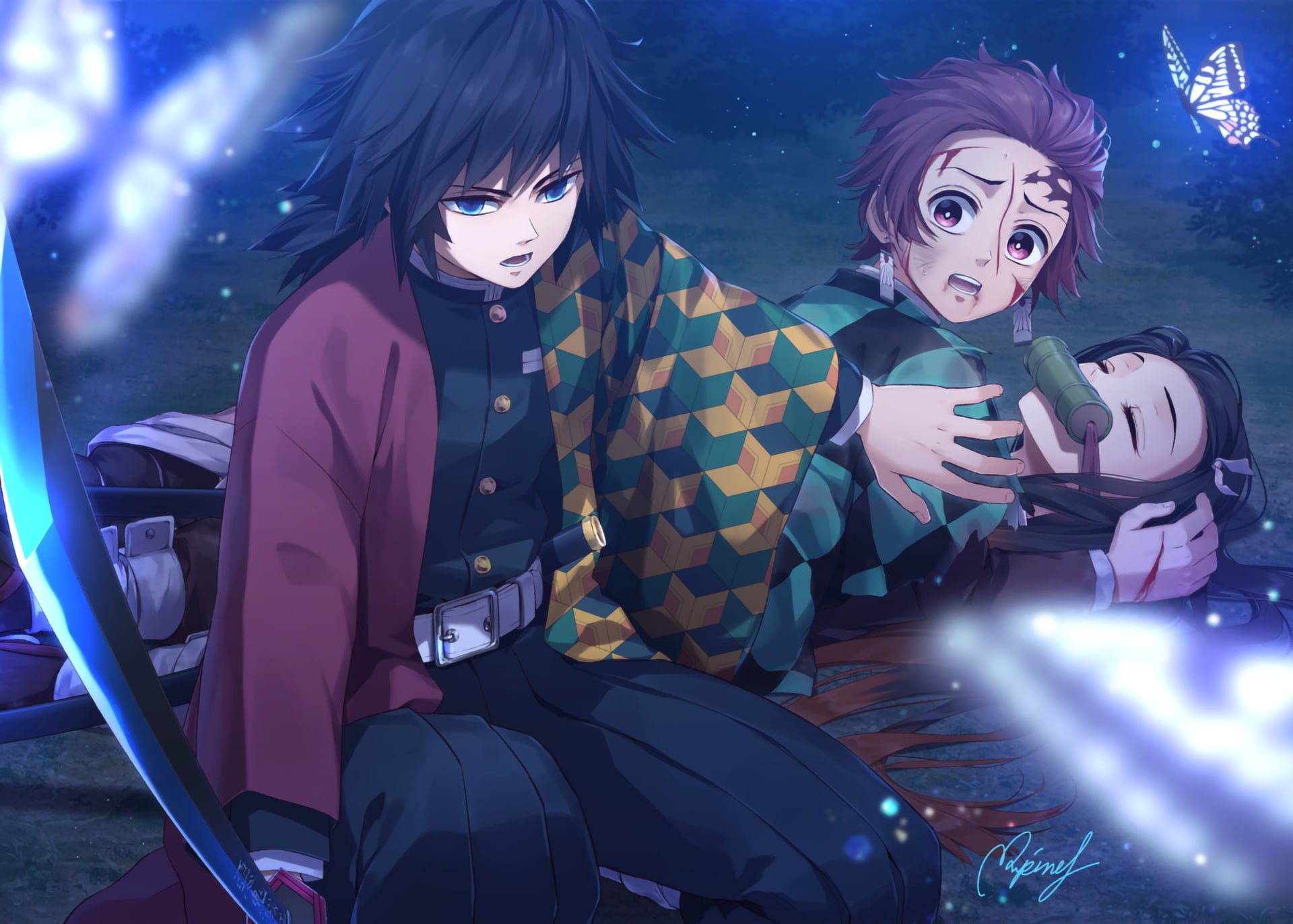 Anime, Nezuko Kamado, Giyuu Tomioka, Demon Slayer: Kimetsu no Yaiba, Tanjirou Kamado, 1080P, HD Wallpaper