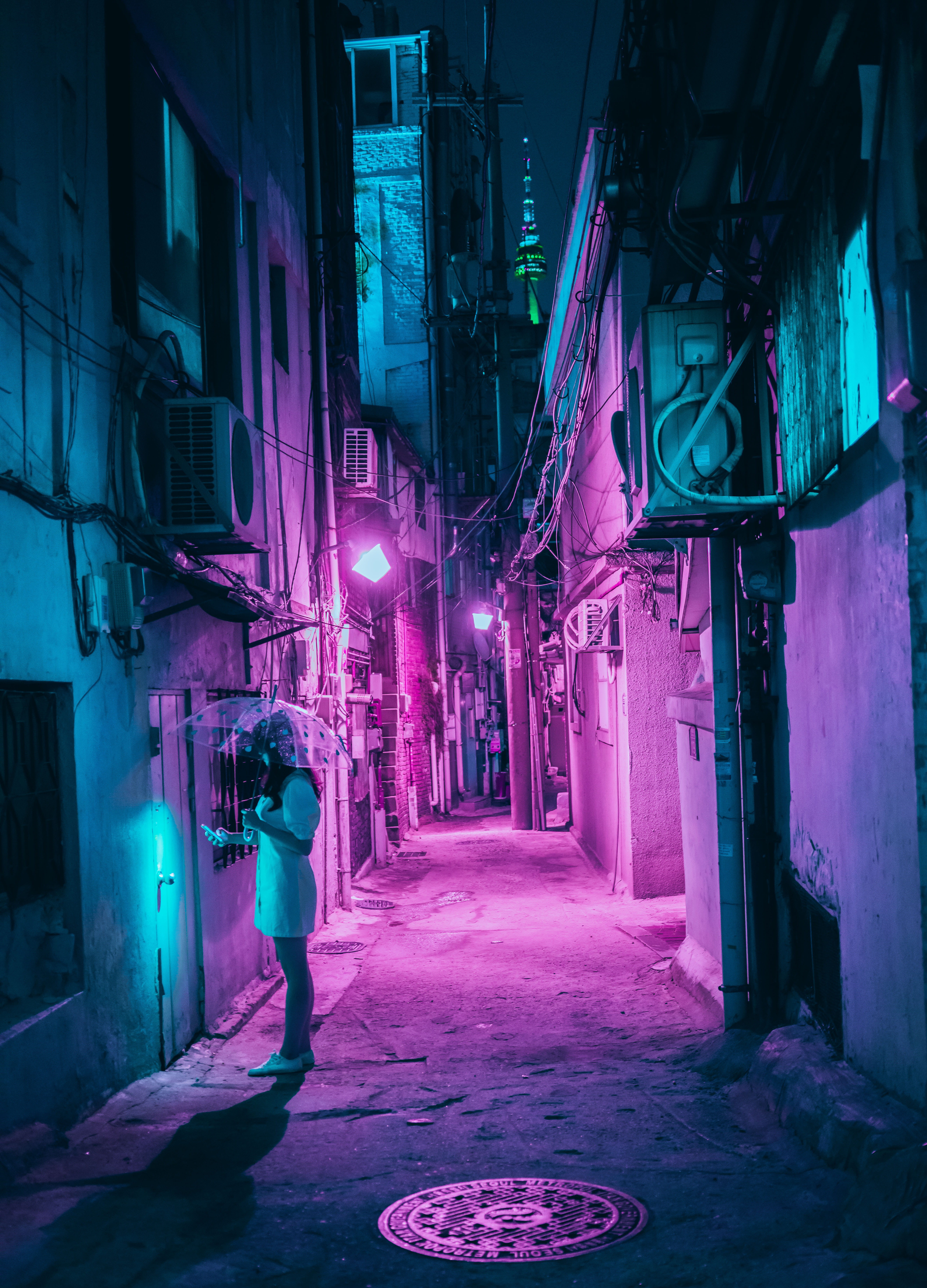 direction, city at night, sci-fi, outrun, city, blue, built structure, lifestyles, building exterior, night photography, seoul, cyberpunk, one person, illuminated, Phone HD Wallpaper