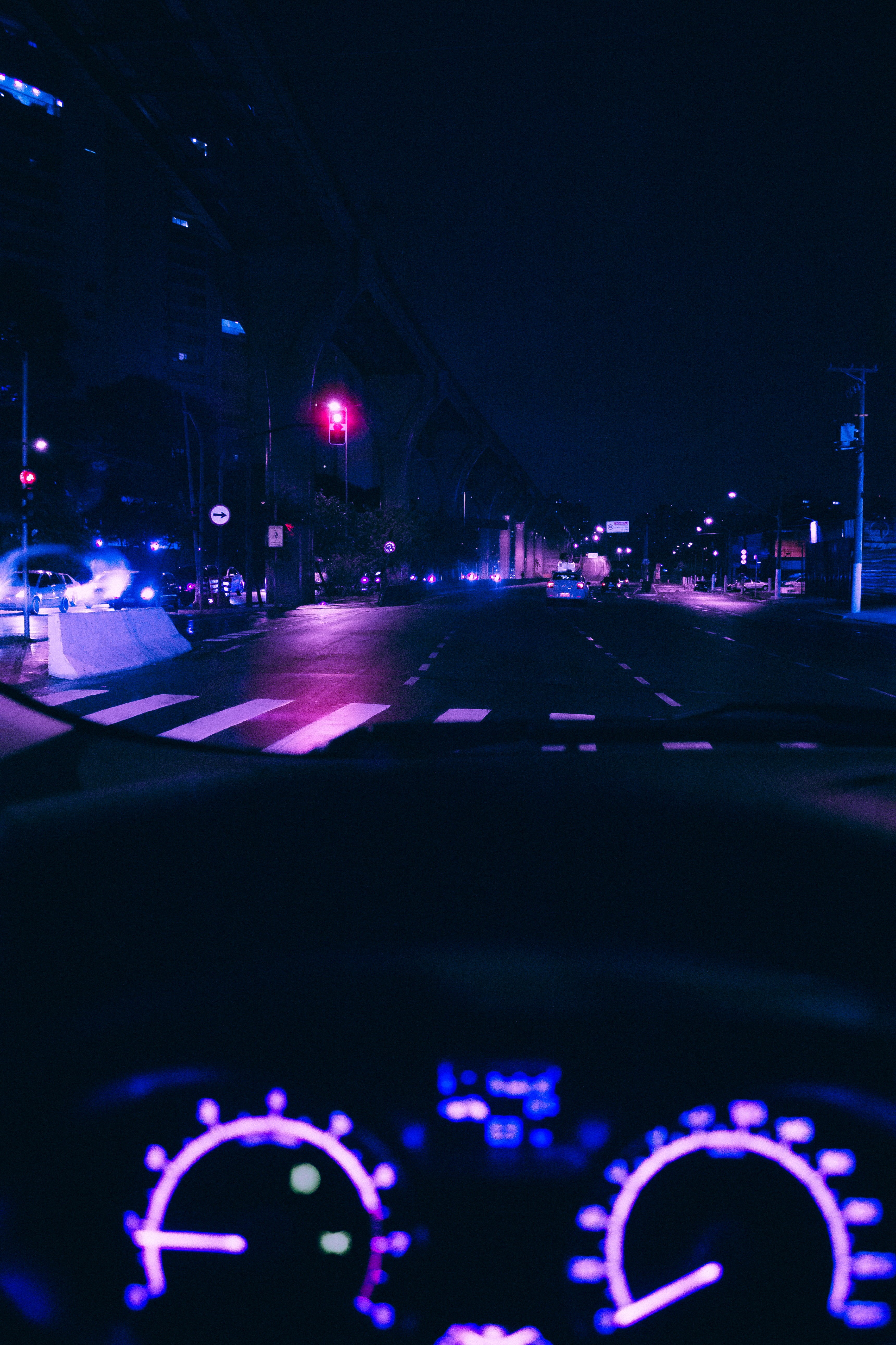 dashboard, control panel, street light, windshield, neon, outrun, vaporwave, car, motor vehicle, pink, no people, cyberpunk, vehicle interior, transportation, Phone HD Wallpaper