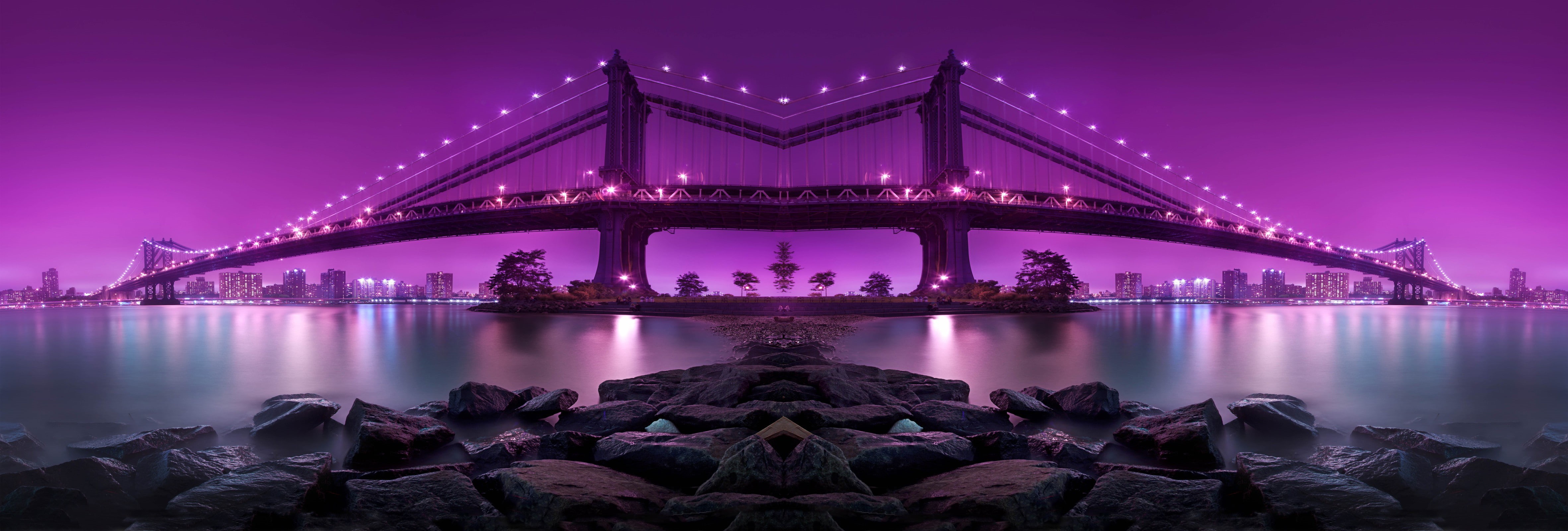 purple, city, bridge, night, photography, 4K, HD Wallpaper