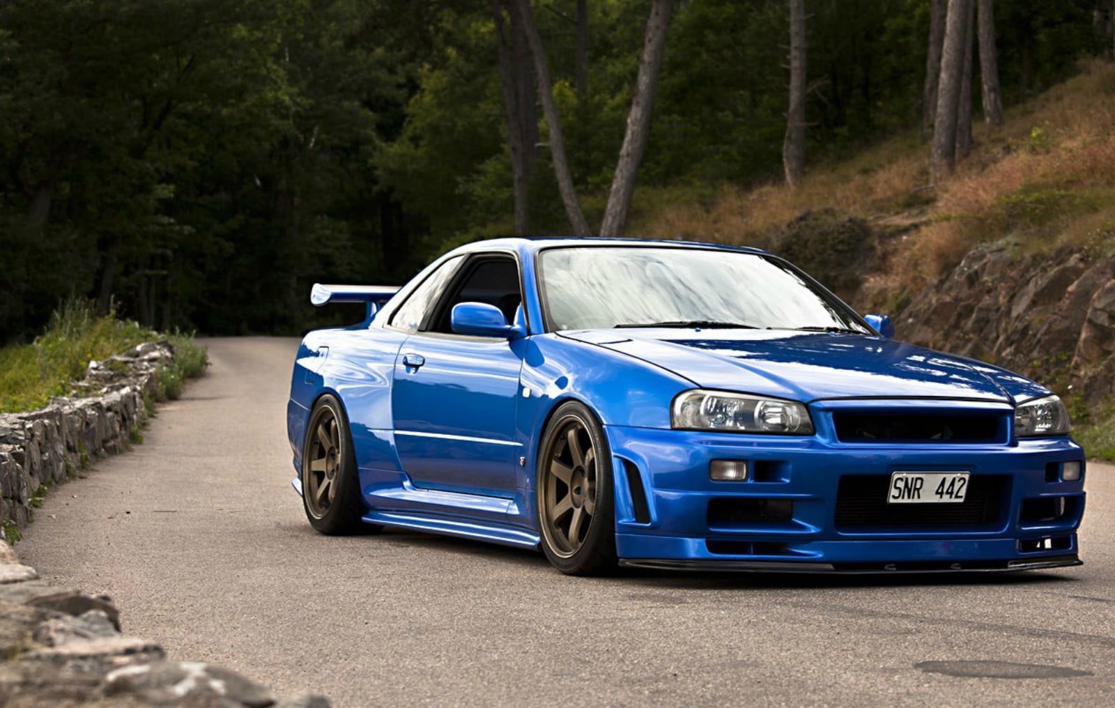 tree, gt, StanceNation, car, no people, motor vehicle, JDM, Nissan, outdoors, parking, Japan, land vehicle, day, skyline, transportation, stationary, blue cars, HD Wallpaper