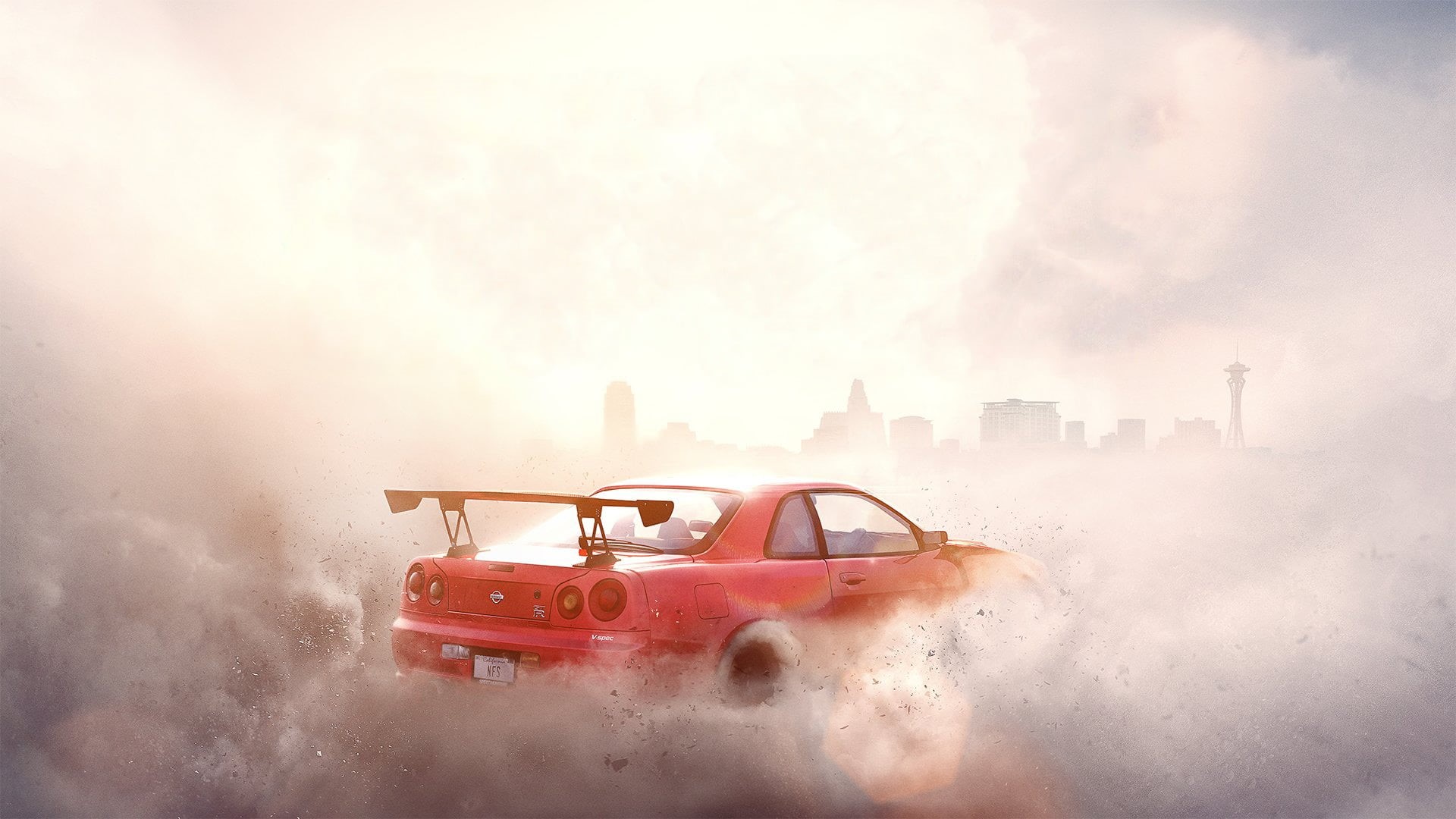 nature, mode of transportation, city, Nissan Skyline GT-R R34, motor vehicle, 1080P, red, Need for Speed, built structure, sky, skyscraper, architecture, HD Wallpaper