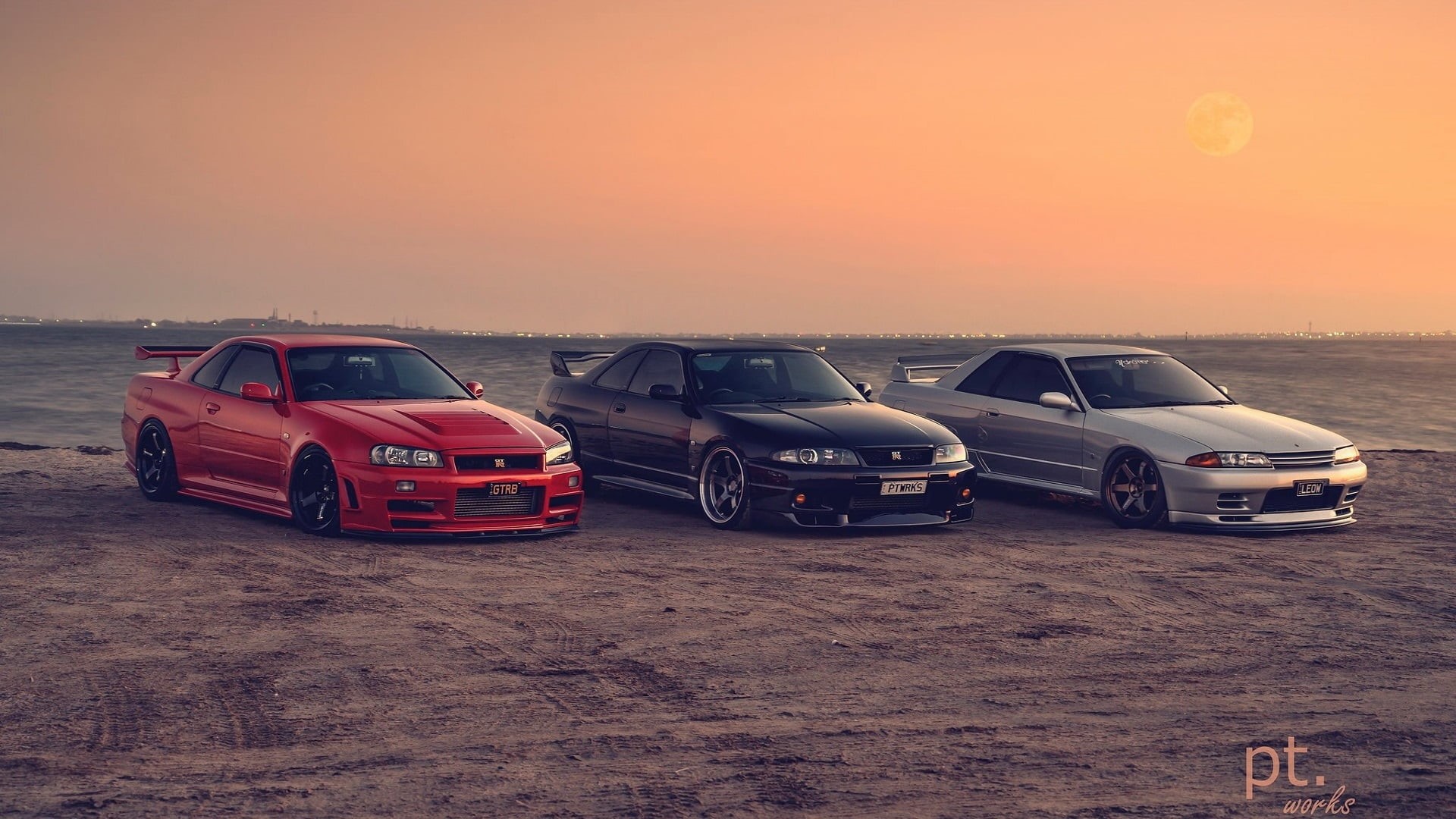 silver cars, Nissan, 1080P, Nissan Skyline GT-R R33, car, sunset, Japanese cars, beach, red cars, Nissan Skyline GT-R R34, purple cars, JDM, Nissan skyline GT-R R32, HD Wallpaper
