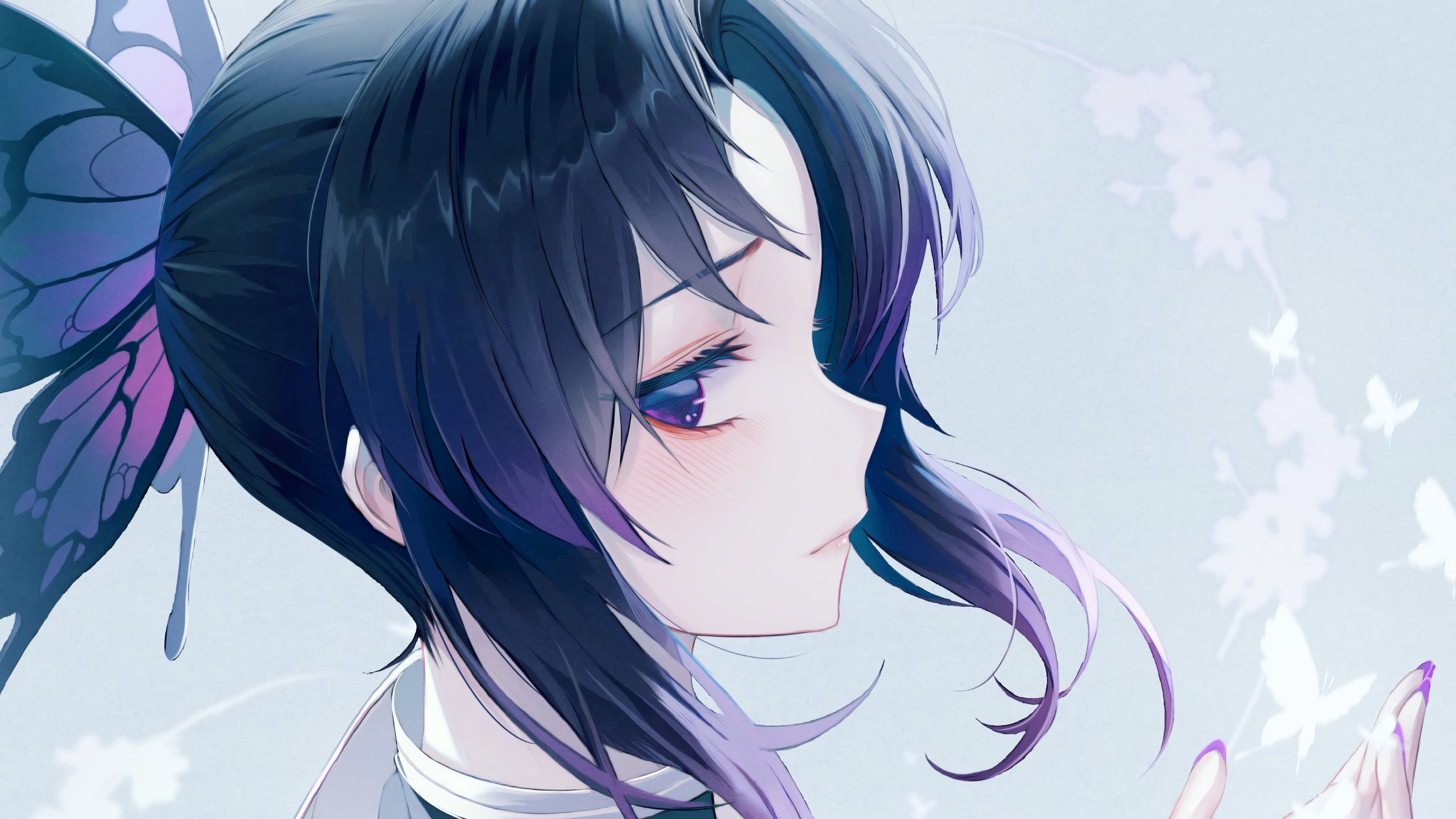fantasy girl, butterfly, environment, blush, artwork, digital painting, Kochou Shinobu, purple eyes, drawing, women, Kimetsu no Yaiba, concept art, digital art, HD Wallpaper