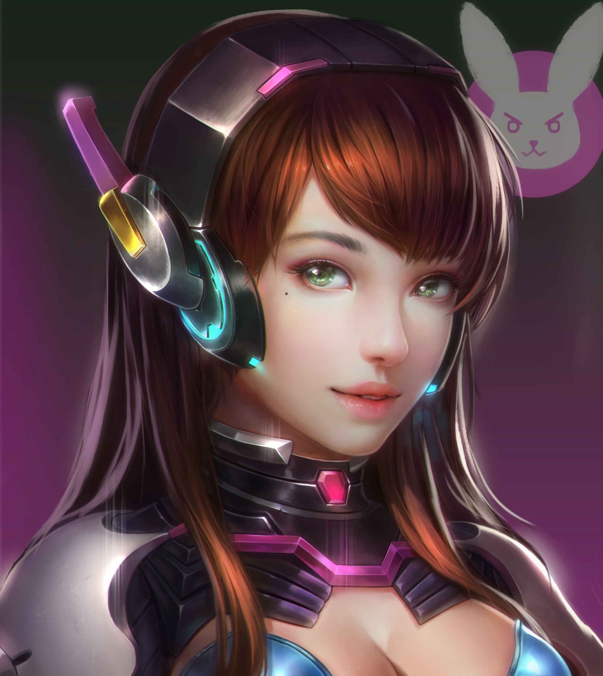 anime, mannequin, hair, one person, headshot, bodysuit, green eyes, technology, make-up, studio shot, purple, women, brunette, anime girls, beautiful woman, Phone HD Wallpaper