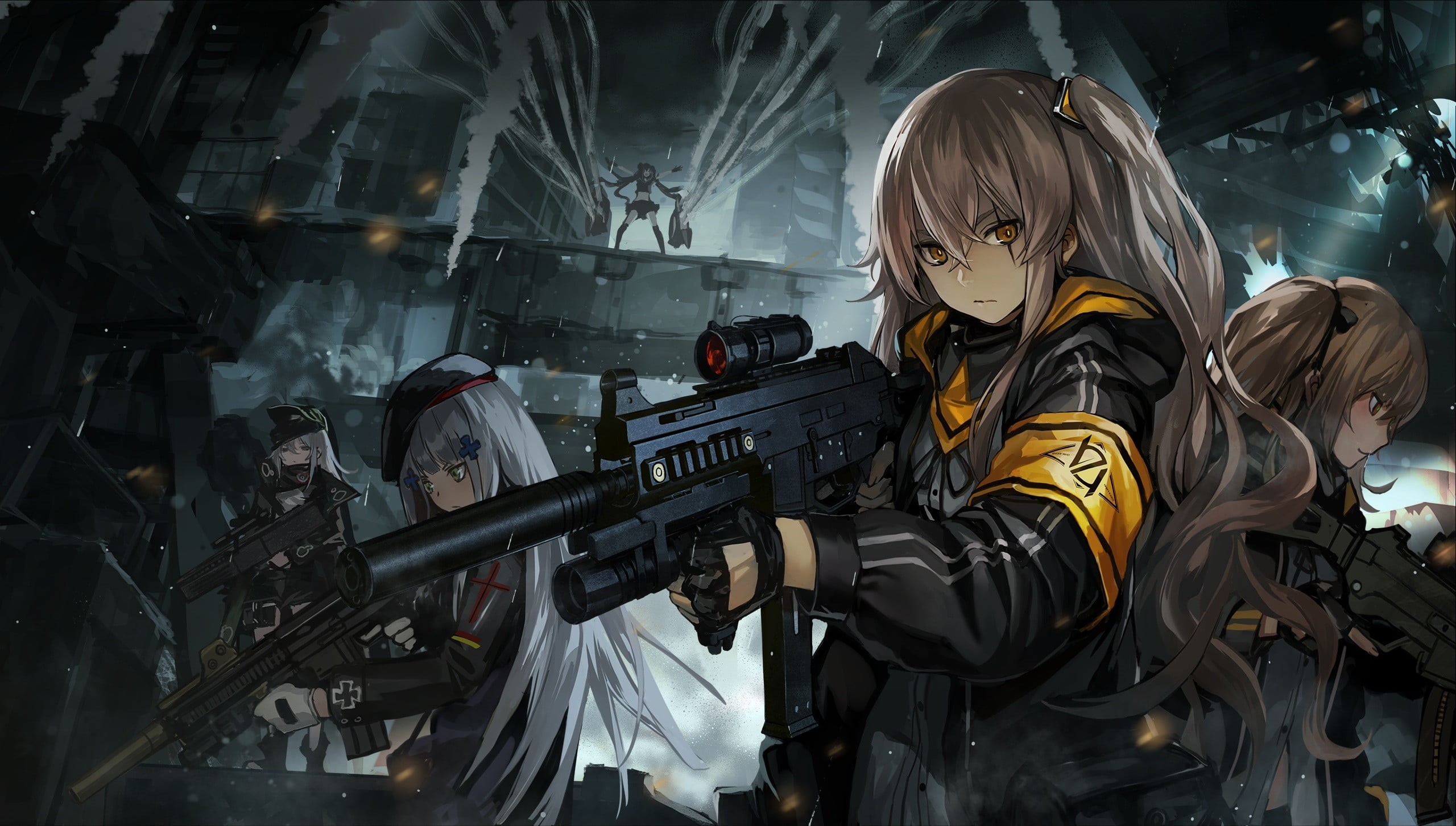 anime girls, holding, architecture, standing, one person, 2K, uniform, characters, men, clothing, long hair, anime, weapon, safety, indoors, gray hair, HD Wallpaper