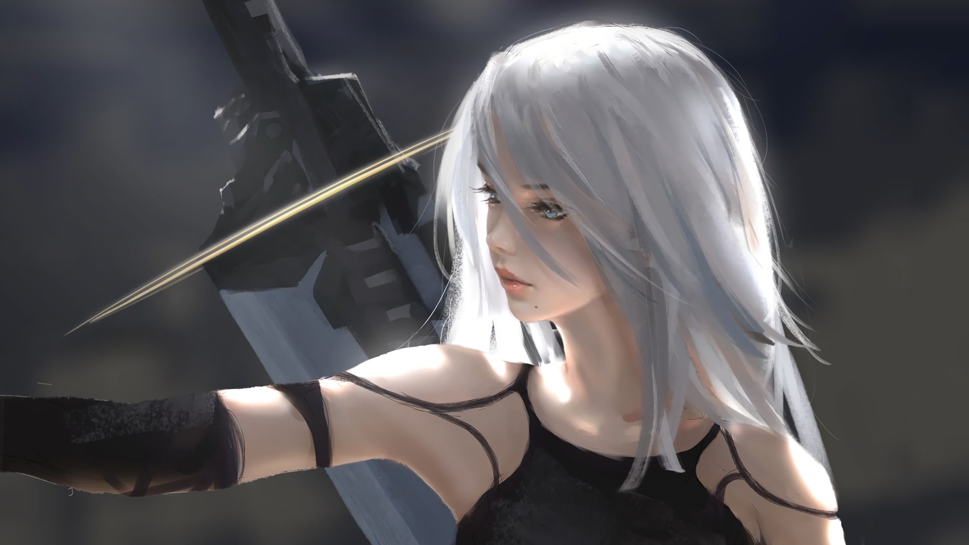gray, 1080P, haired, YoRHa Type A No.2, Blue Eyes, Sword, Video Game, Long Hair, NieR: Automata, female, Weapon, Girl, anime, White Hair, HD Wallpaper