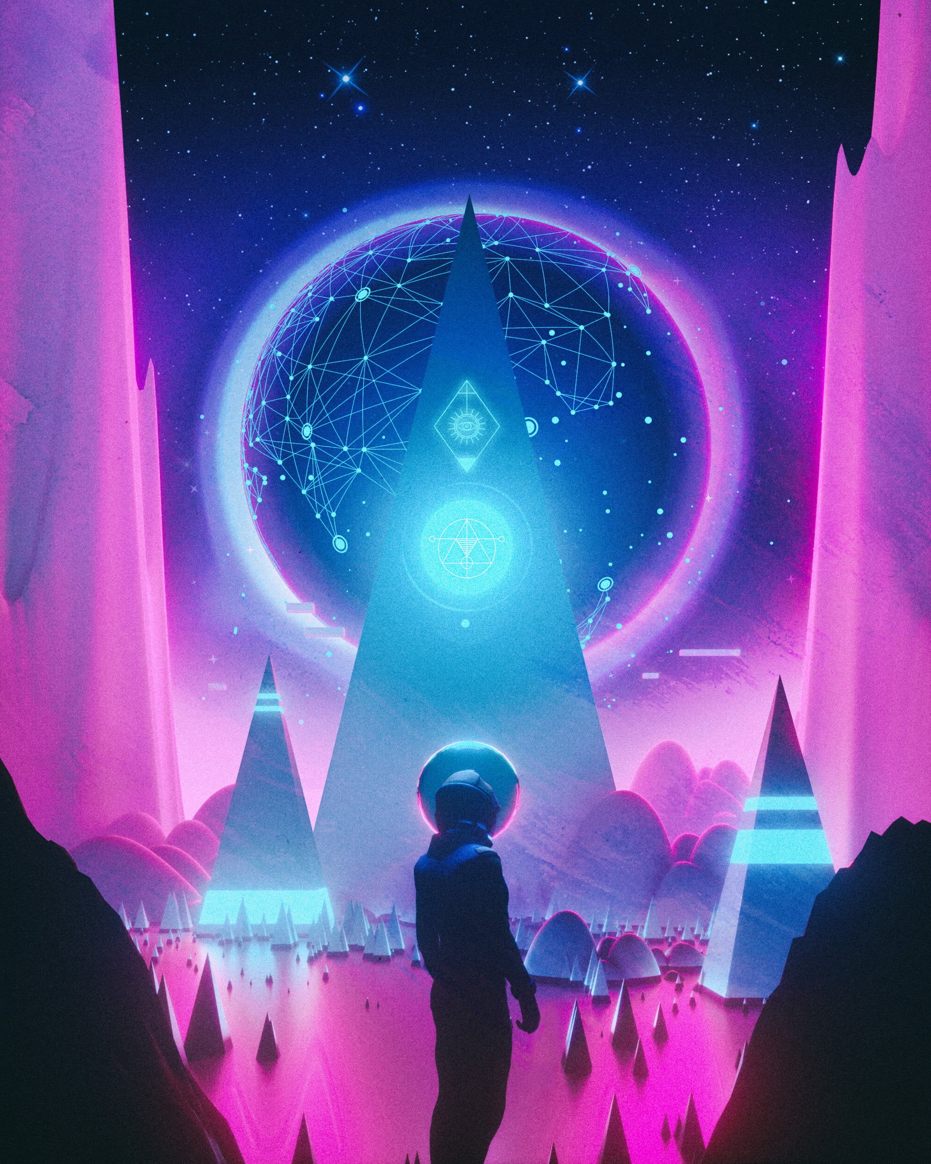 3D, science fiction, space, artwork, astronaut, triangle, digital art, 1080P, illustration, futuristic, beeple, Phone HD Wallpaper