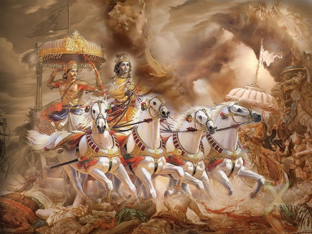 480P, painting, horses, male likeness, two, creativity, men, sky, krishna, Lord Krishna, spirituality, bhagavad, vertebrate, outdoors, religion, craft, HD Wallpaper