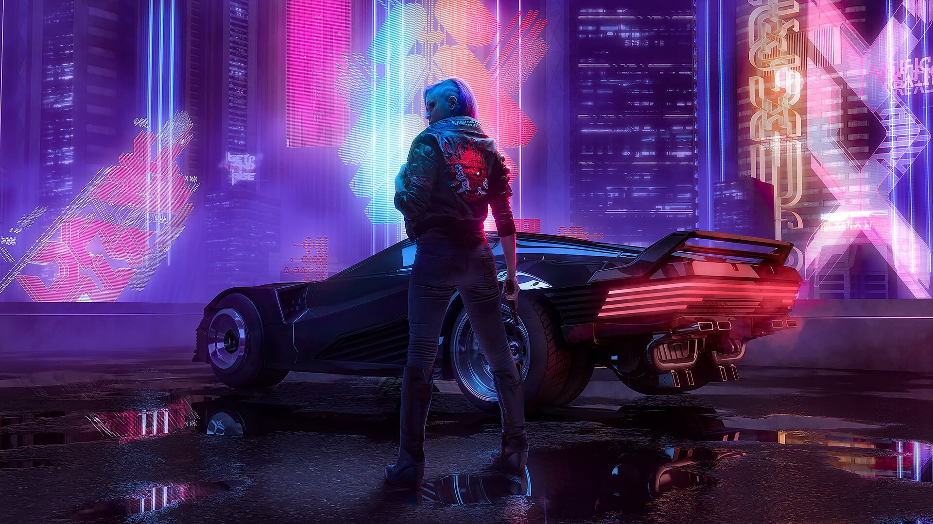 1080P, car, futuristic, cyber, Octokuro, cyberpunk, Cyberpunk 2077, jacket, HD Wallpaper