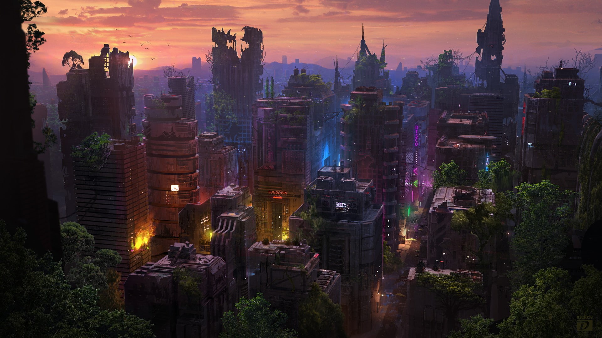 science fiction, futuristic, sunset, digital art, 1080P, building, fantasy art, city, HD Wallpaper