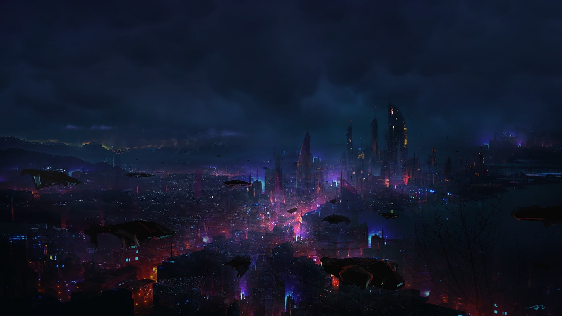 1080P, futuristic city, dark, science fiction, Eric Lee, digital art, HD Wallpaper