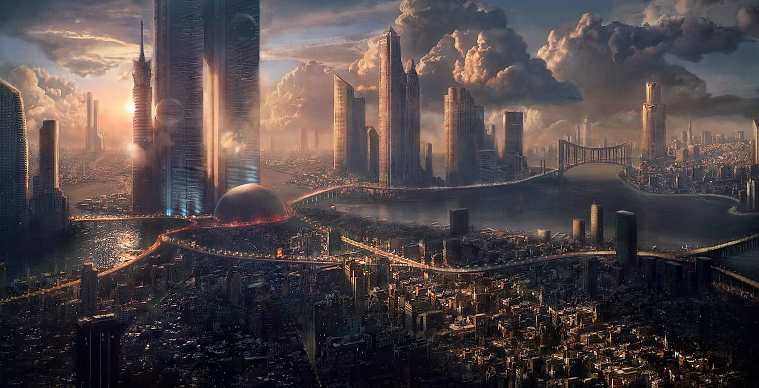 building exterior, skyscraper, cloud - sky, architecture, futuristic city, game, smoke - physical structure, futuristic, cityscape, fog, travel destinations, HD Wallpaper